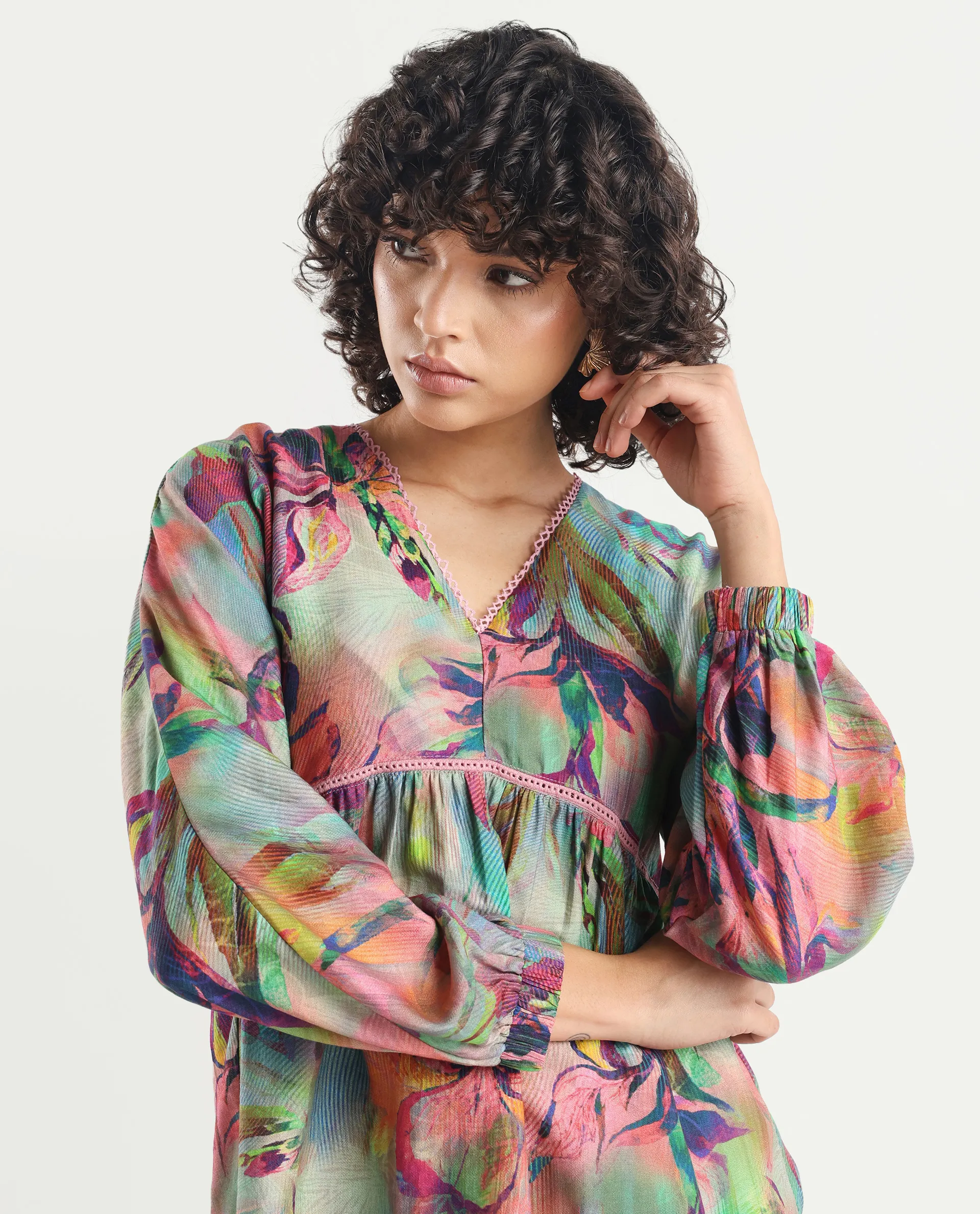Rareism Women's Ajax Multi Viscose Blend V-Neck Floral Print Bishop Sleeve Regular Fit Top - Image 3