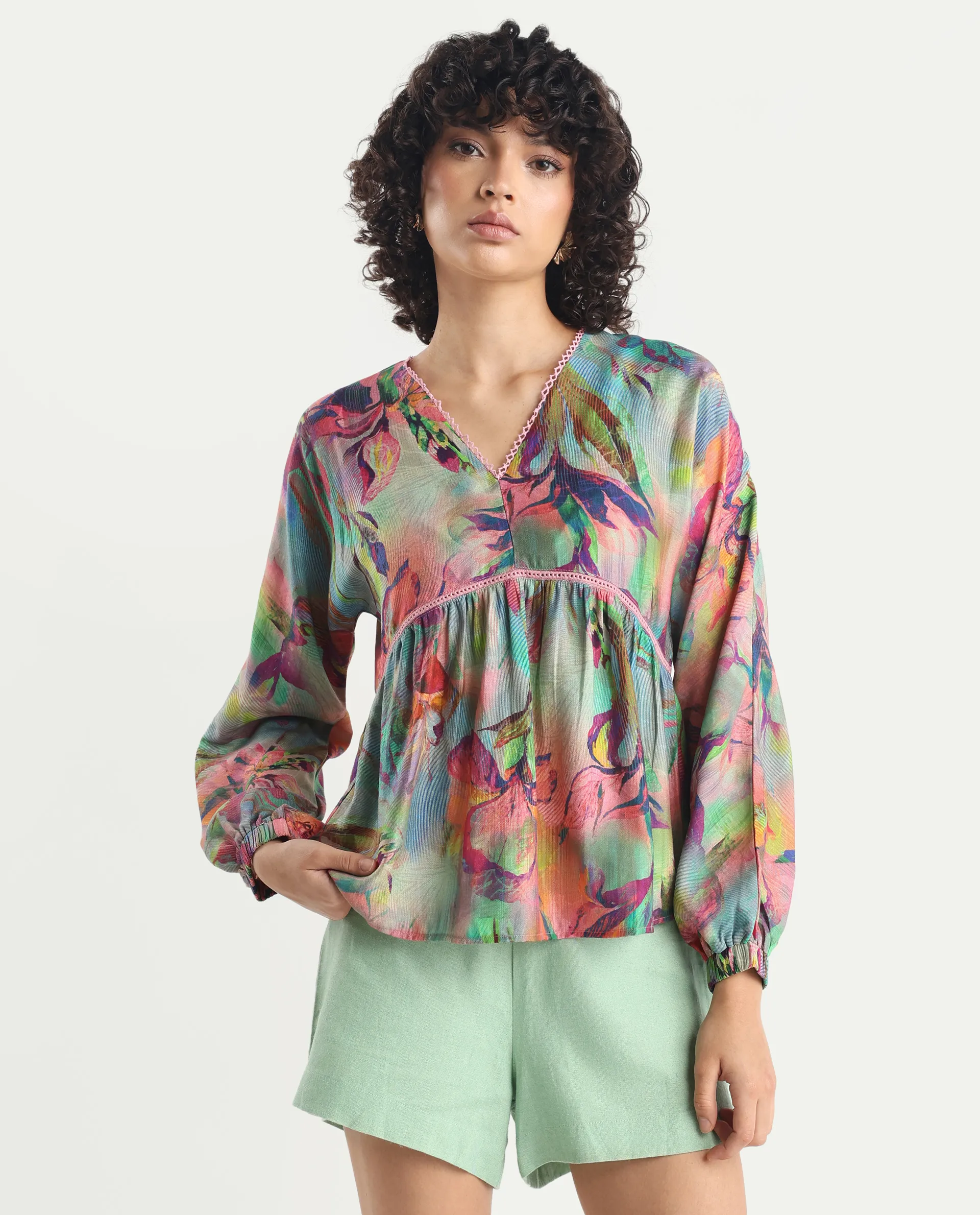Rareism Women's Ajax Multi Viscose Blend V-Neck Floral Print Bishop Sleeve Regular Fit Top - Image 4