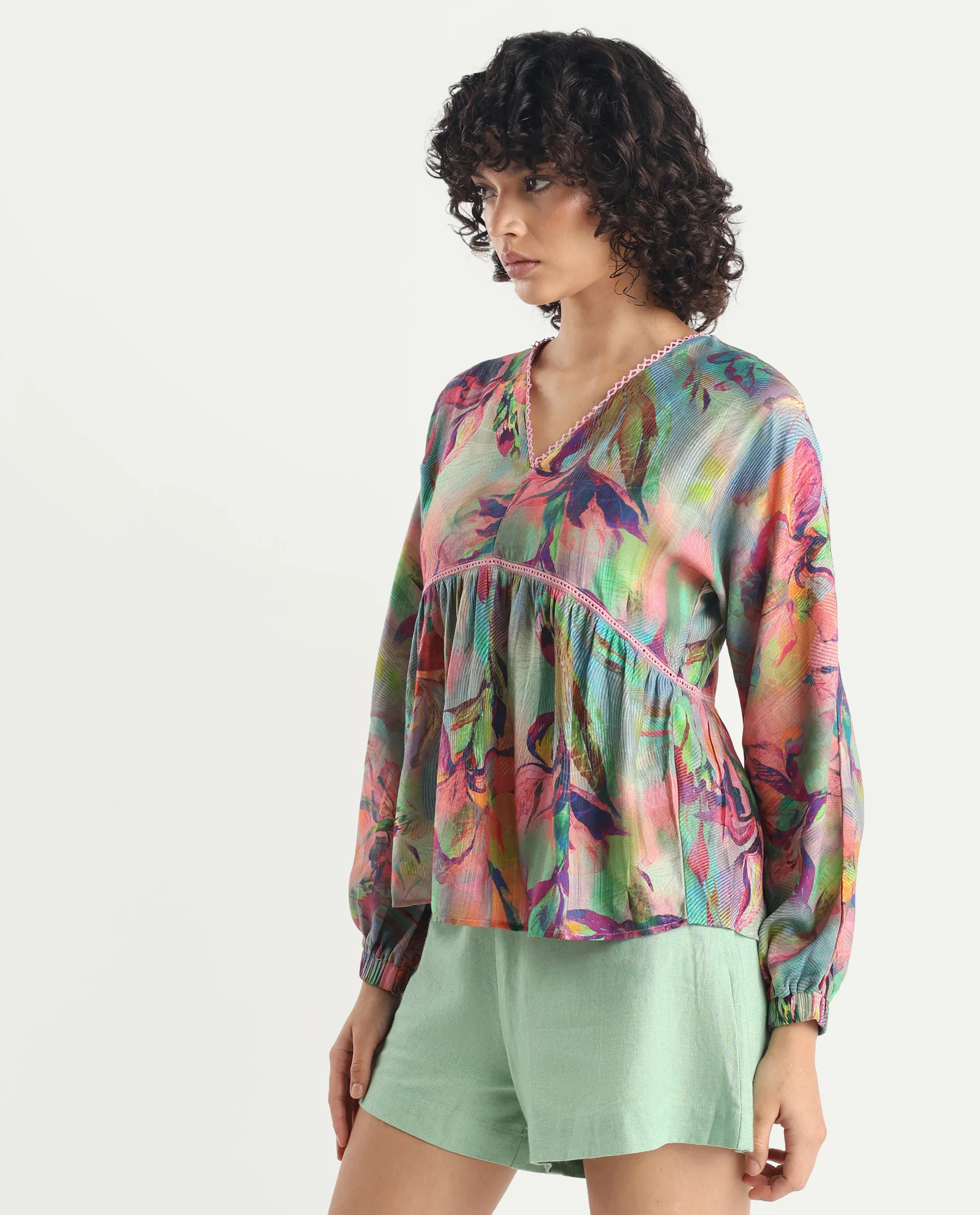 Rareism Women's Ajax Multi Viscose Blend V-Neck Floral Print Bishop Sleeve Regular Fit Top - Image 5