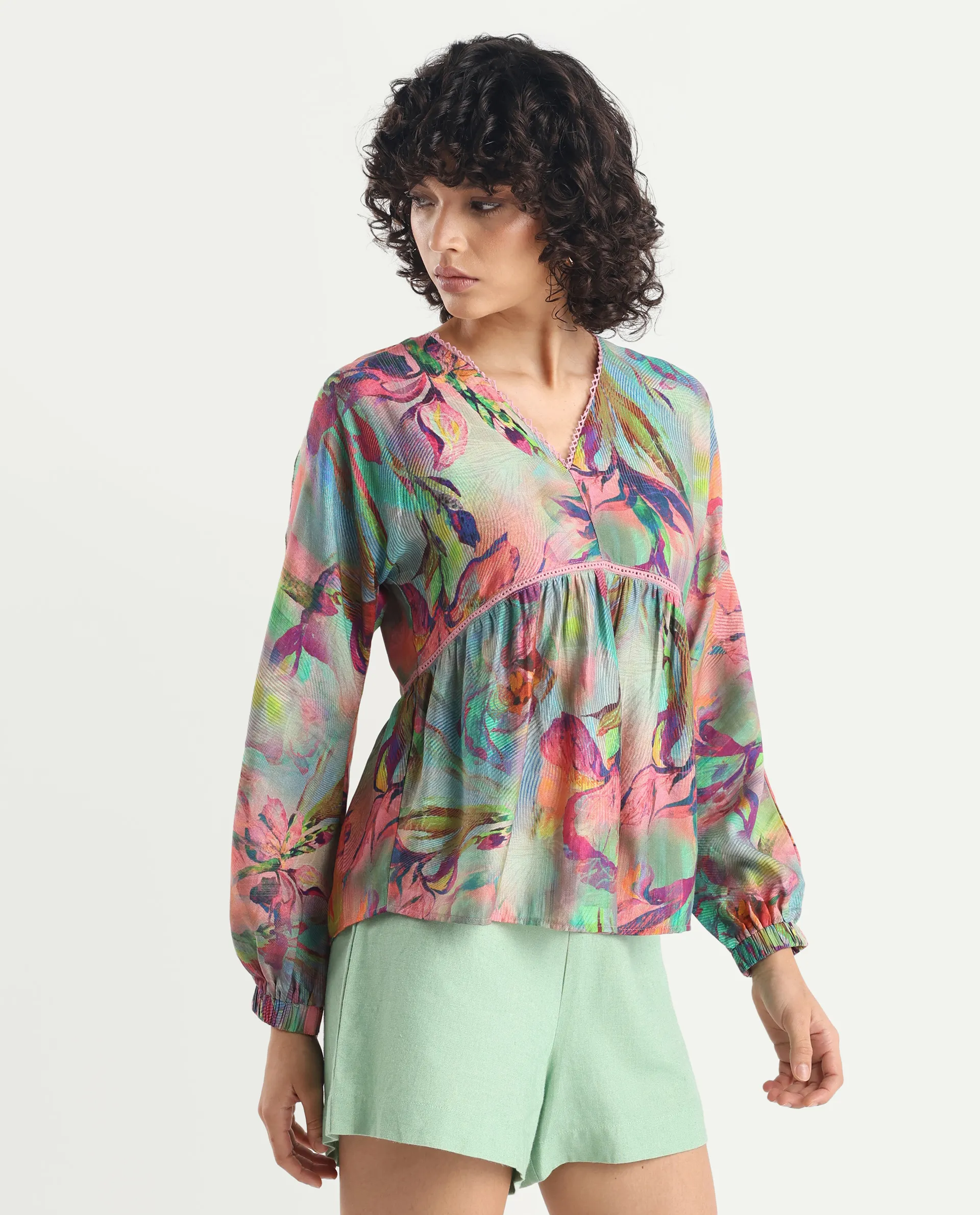 Rareism Women's Ajax Multi Viscose Blend V-Neck Floral Print Bishop Sleeve Regular Fit Top - Image 6