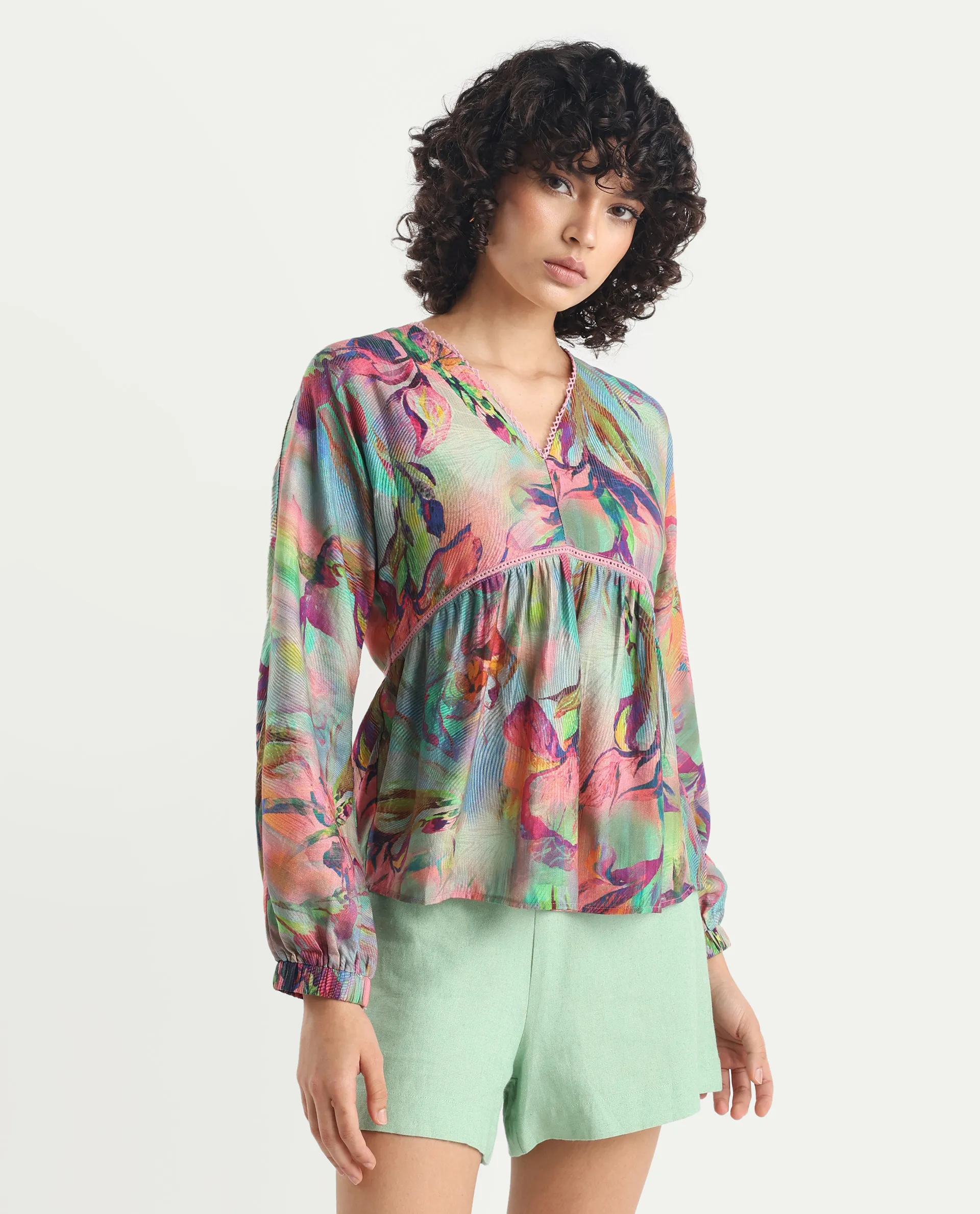 Rareism Women's Ajax Multi Viscose Blend V-Neck Floral Print Bishop Sleeve Regular Fit Top - Image 7
