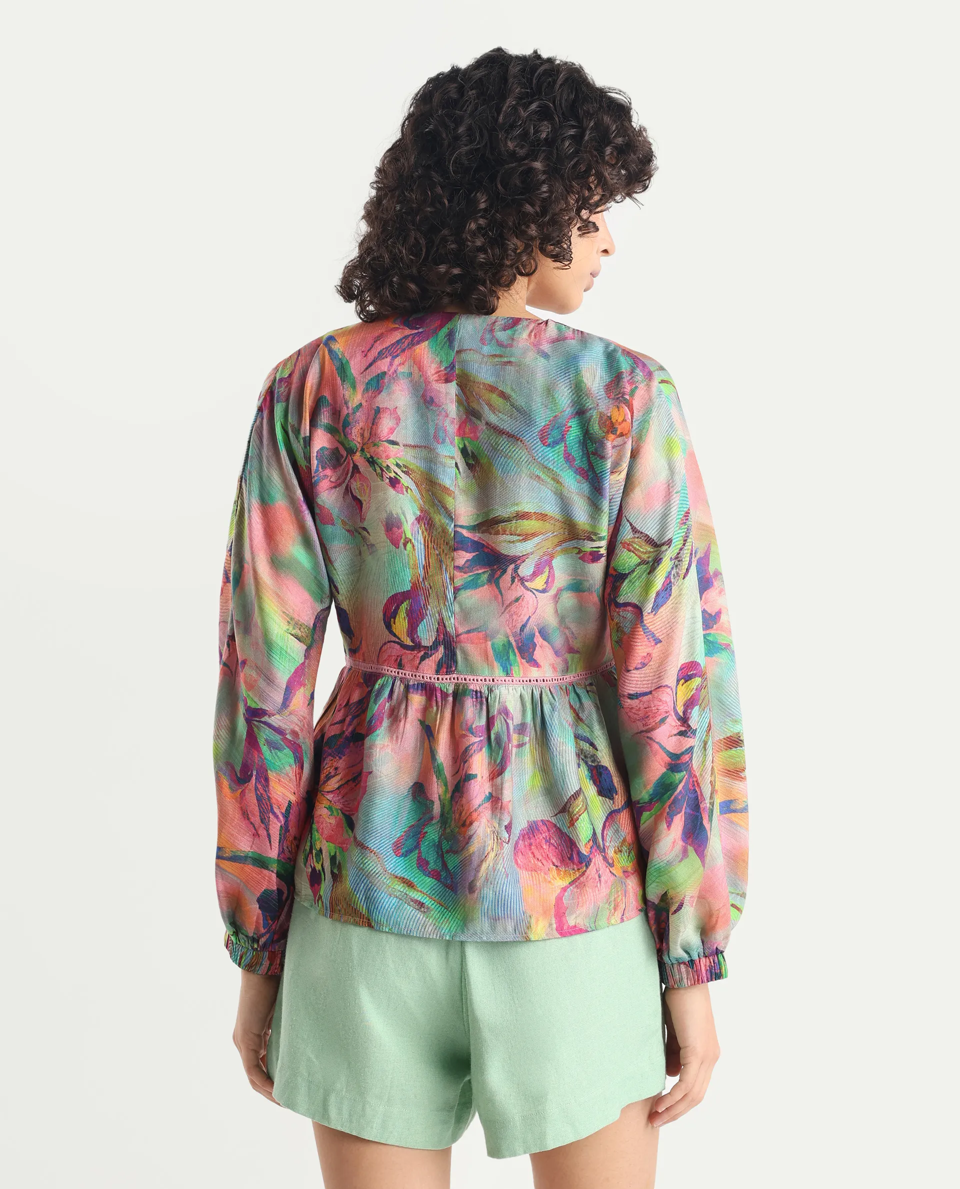 Rareism Women's Ajax Multi Viscose Blend V-Neck Floral Print Bishop Sleeve Regular Fit Top - Image 8