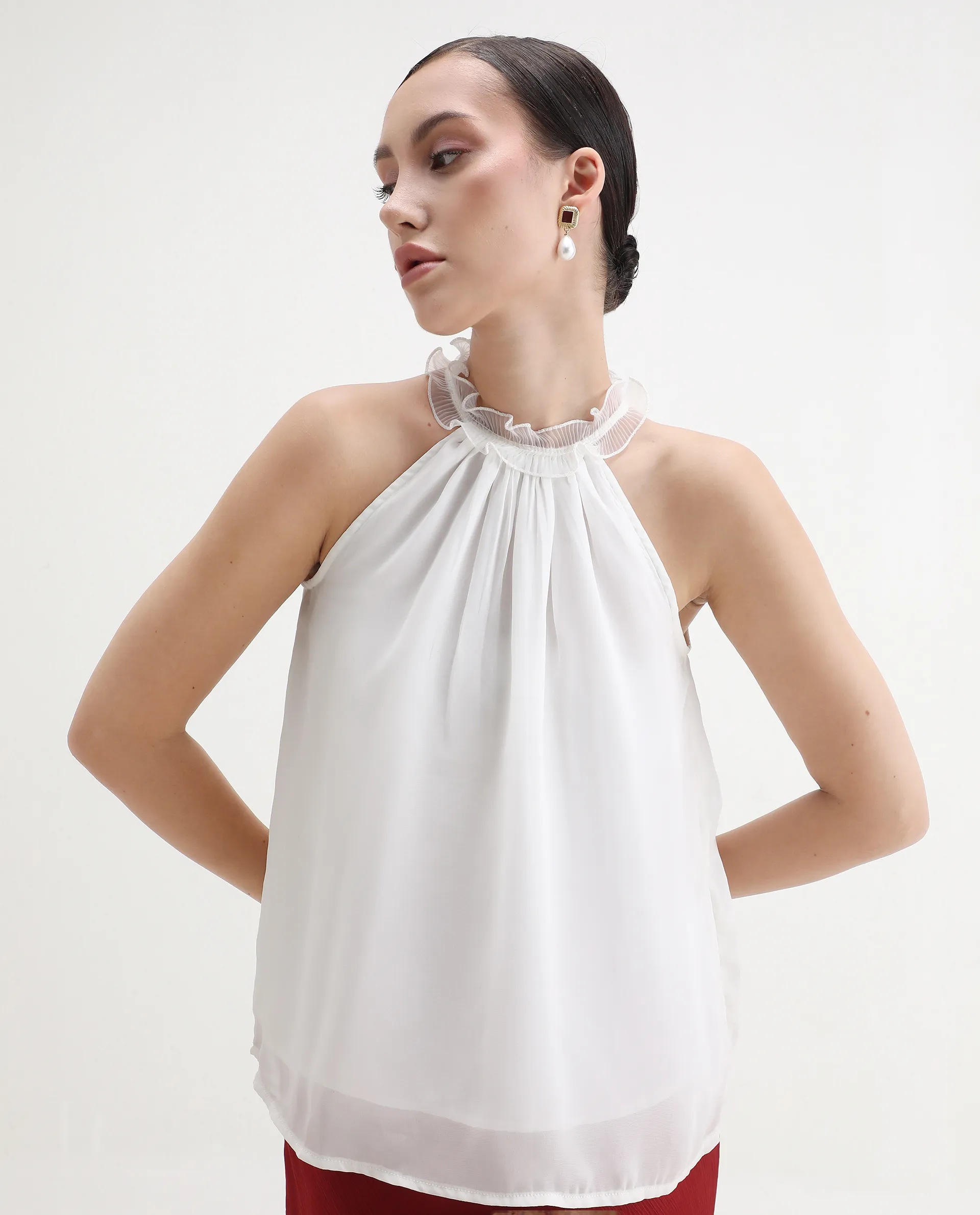 Rareism Women's Akane White Polyester Halter Neck Plain Sleeveless Regular Fit Top