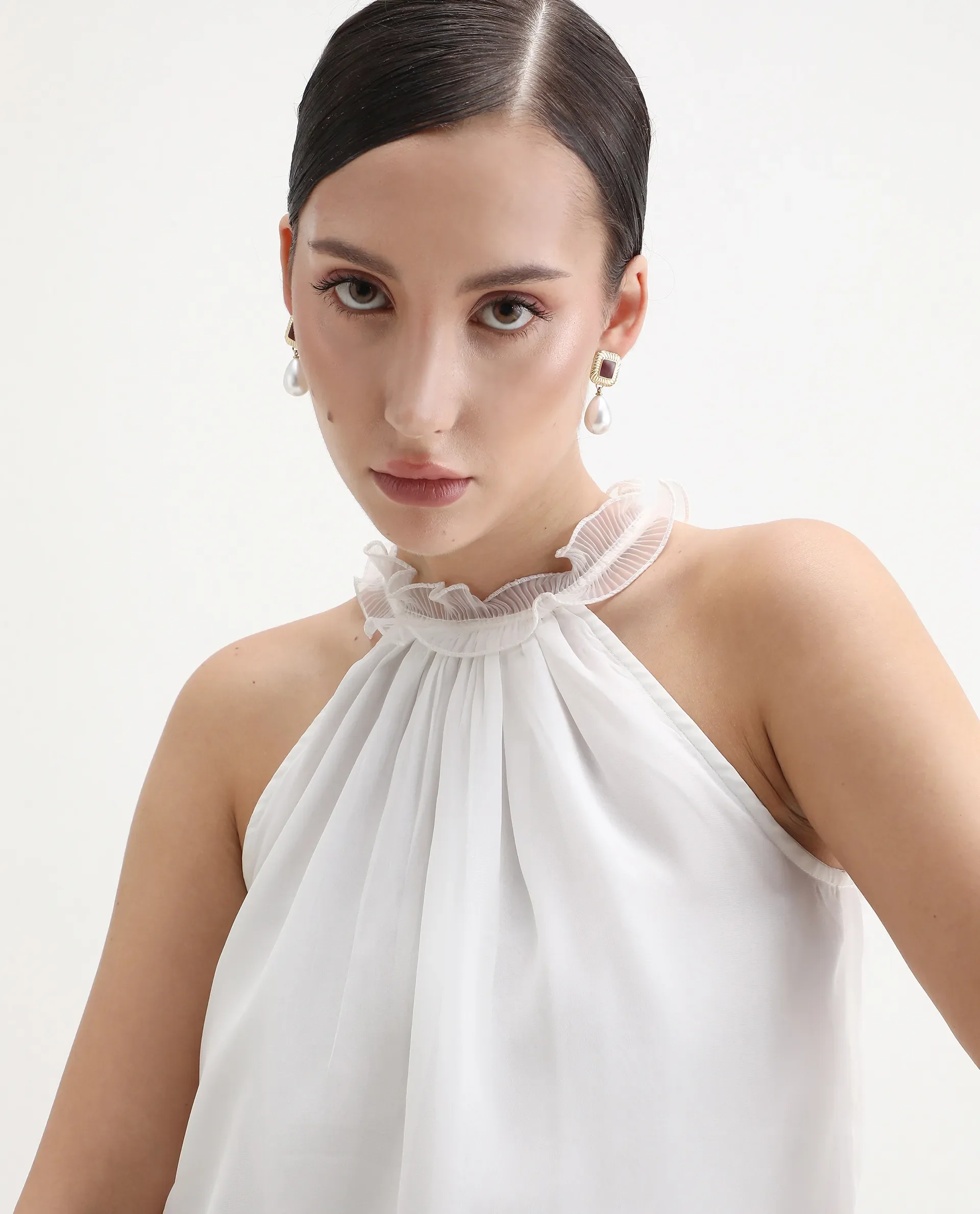 Rareism Women's Akane White Polyester Halter Neck Plain Sleeveless Regular Fit Top - Image 3