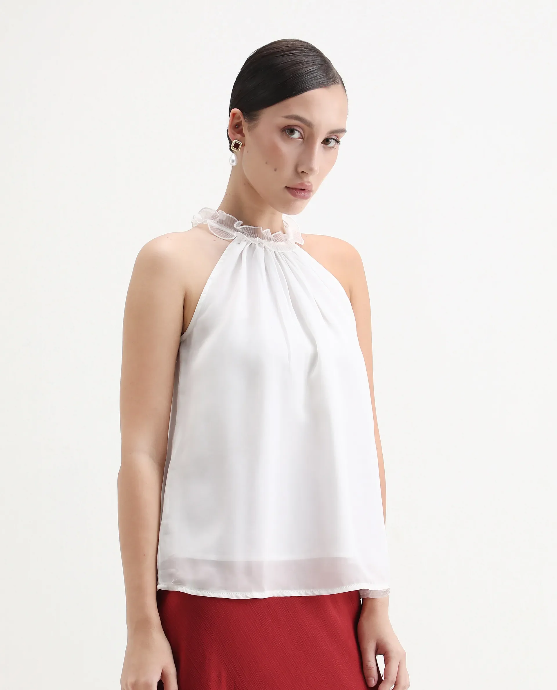 Rareism Women's Akane White Polyester Halter Neck Plain Sleeveless Regular Fit Top - Image 4