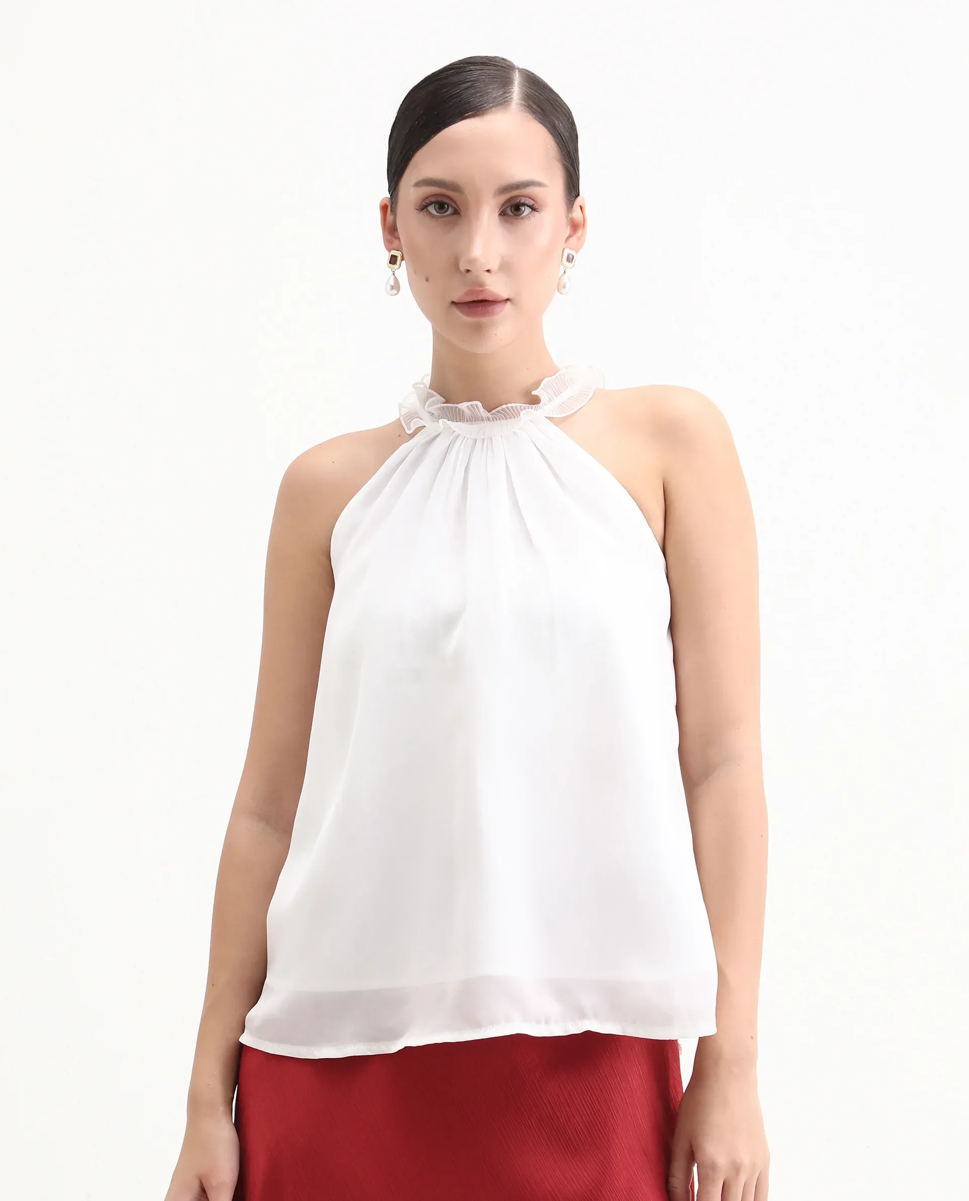 Rareism Women's Akane White Polyester Halter Neck Plain Sleeveless Regular Fit Top - Image 5