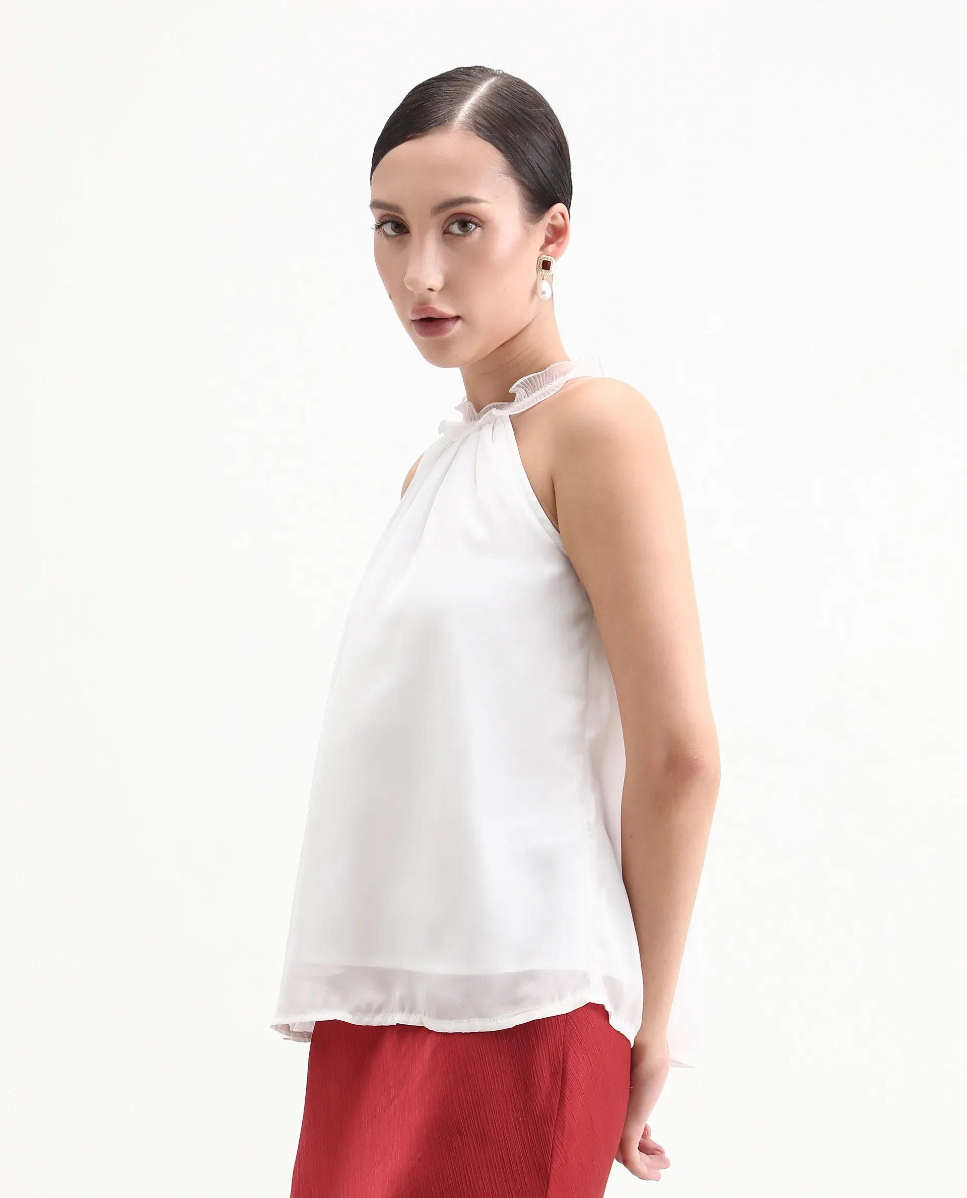 Rareism Women's Akane White Polyester Halter Neck Plain Sleeveless Regular Fit Top - Image 6