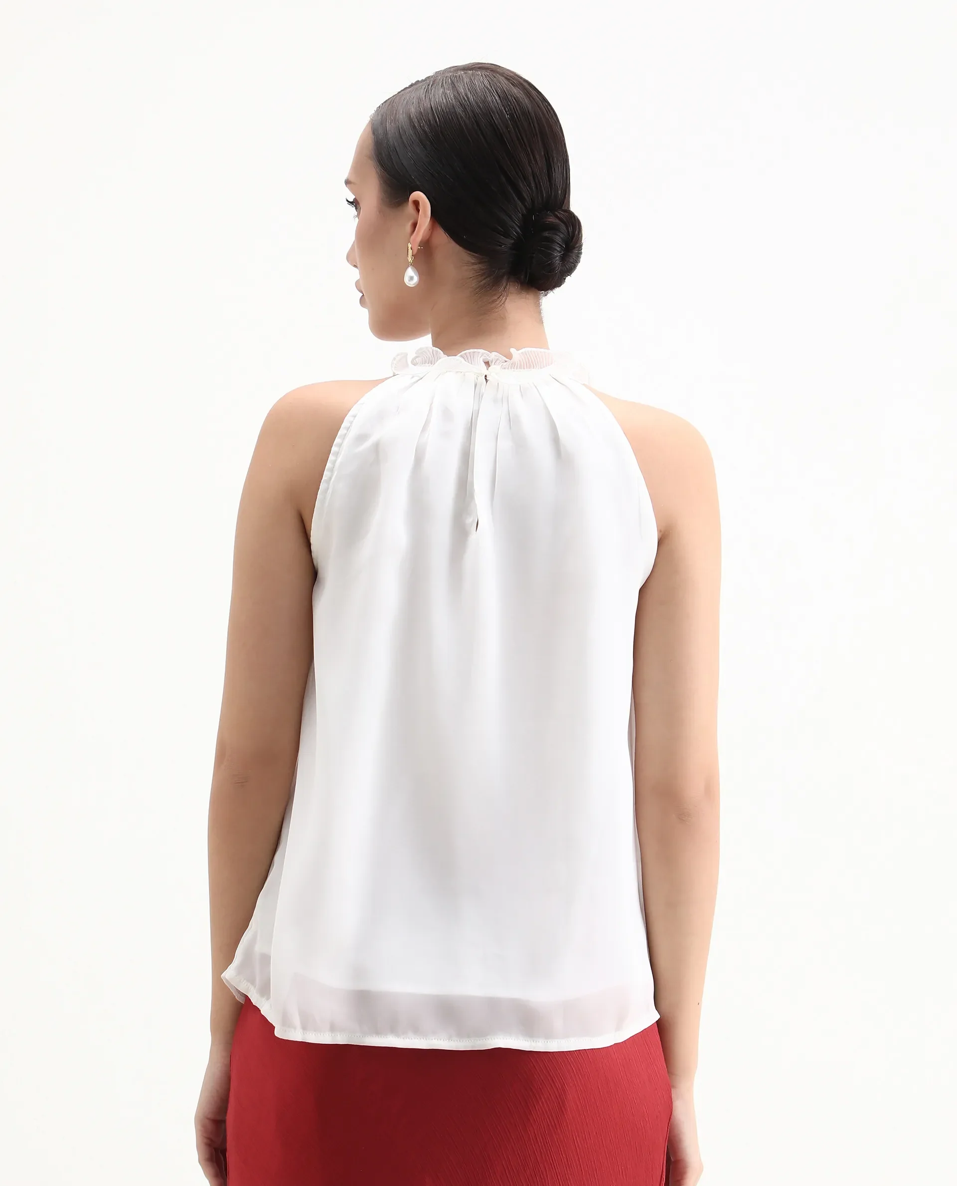 Rareism Women's Akane White Polyester Halter Neck Plain Sleeveless Regular Fit Top - Image 7