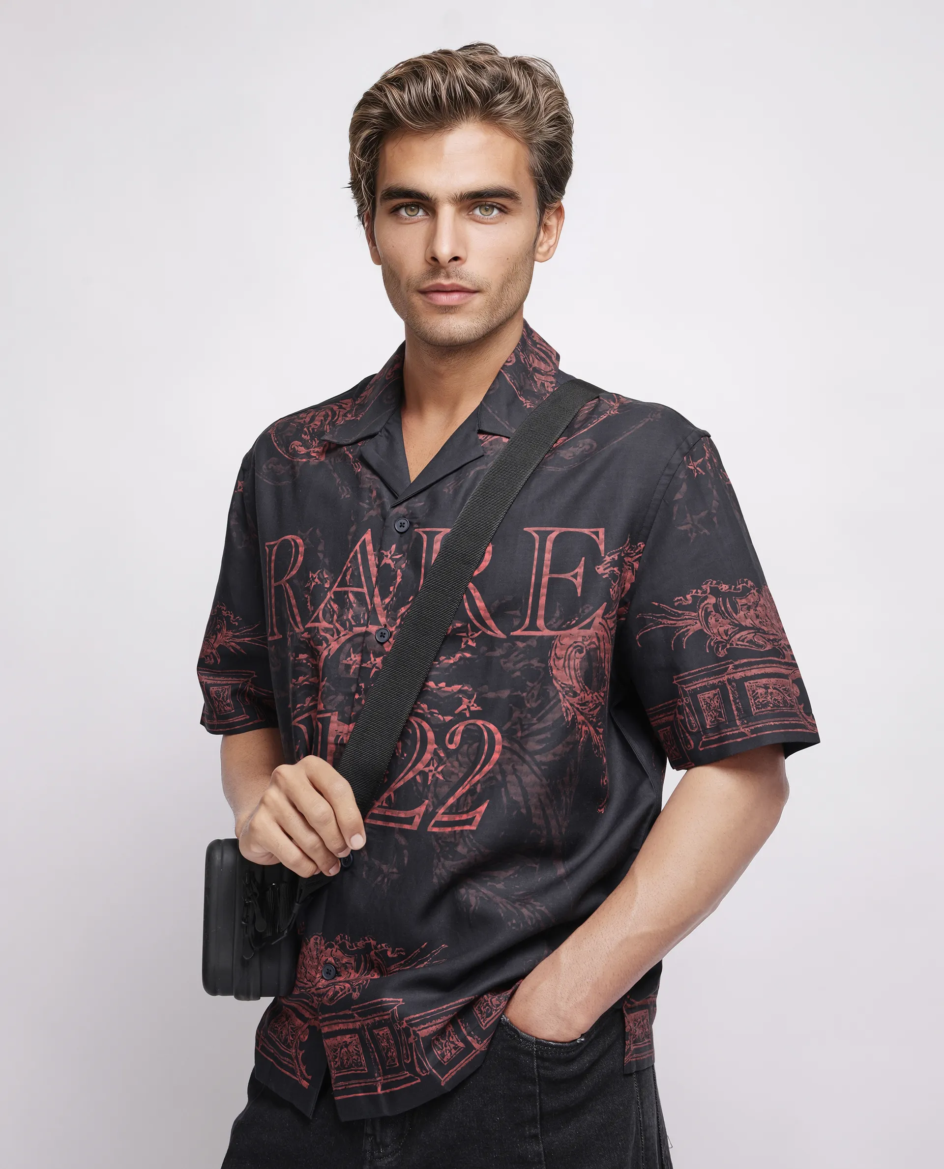 Rare Rabbit Men's Aki Navy Viscose Placement Print Boxy Fit Half Sleeve Cuban Collar Shirt