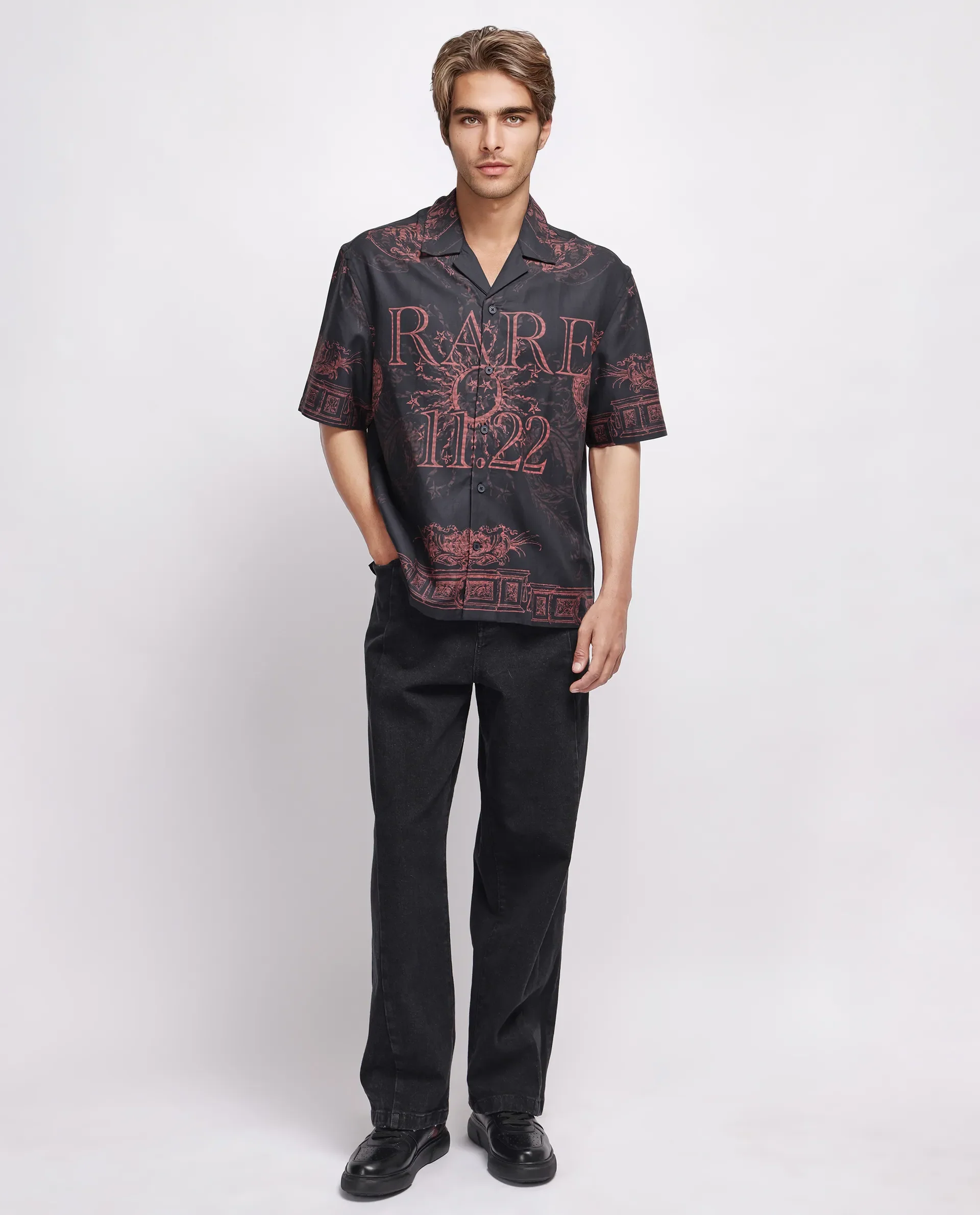 Rare Rabbit Men's Aki Navy Viscose Placement Print Boxy Fit Half Sleeve Cuban Collar Shirt - Image 2