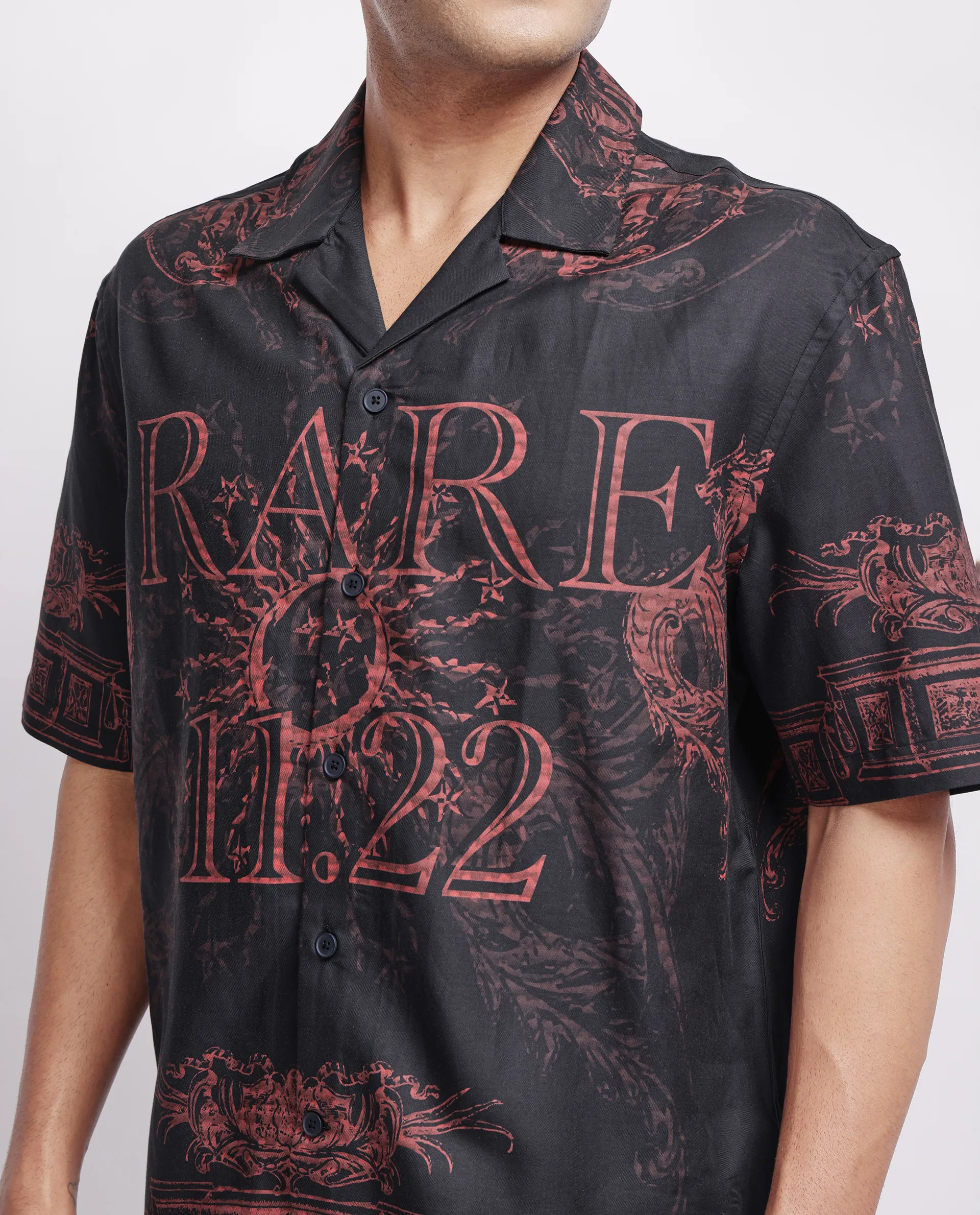 Rare Rabbit Men's Aki Navy Viscose Placement Print Boxy Fit Half Sleeve Cuban Collar Shirt - Image 3