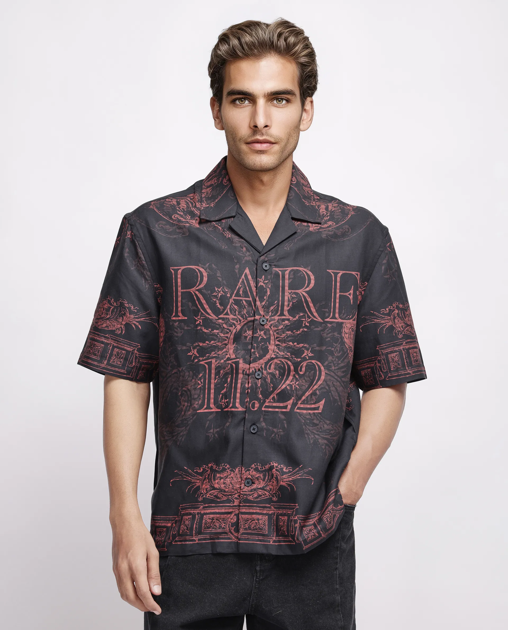 Rare Rabbit Men's Aki Navy Viscose Placement Print Boxy Fit Half Sleeve Cuban Collar Shirt - Image 5