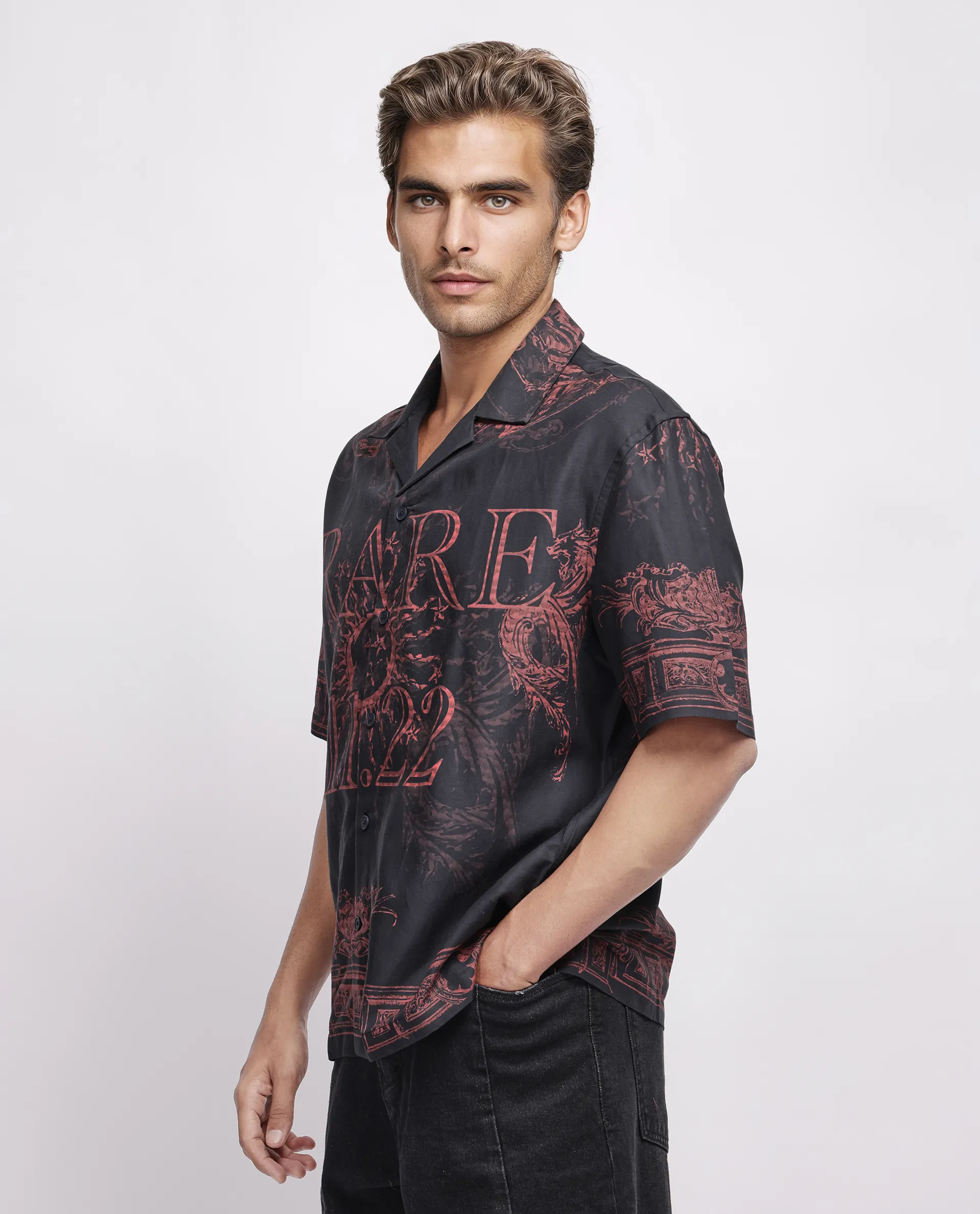 Rare Rabbit Men's Aki Navy Viscose Placement Print Boxy Fit Half Sleeve Cuban Collar Shirt - Image 6