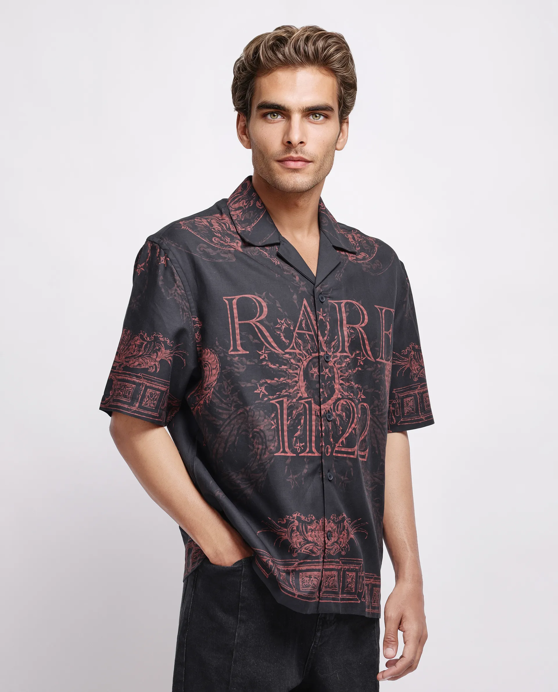 Rare Rabbit Men's Aki Navy Viscose Placement Print Boxy Fit Half Sleeve Cuban Collar Shirt - Image 7
