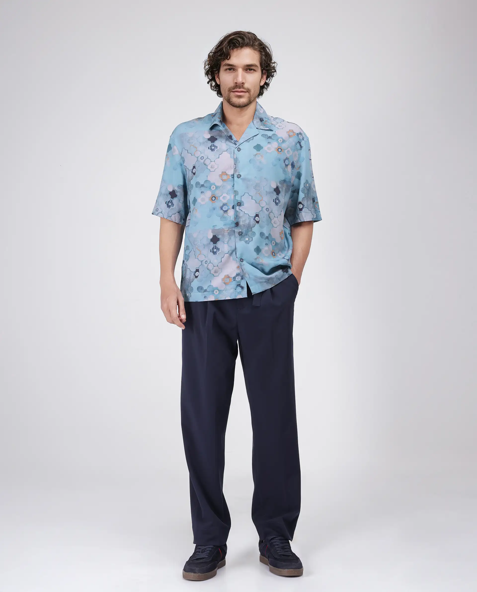 Rare Rabbit Men's Akio Blue Viscose Abstract Print Oversized Fit Half Sleeve Cuban Collar Shirt - Image 2