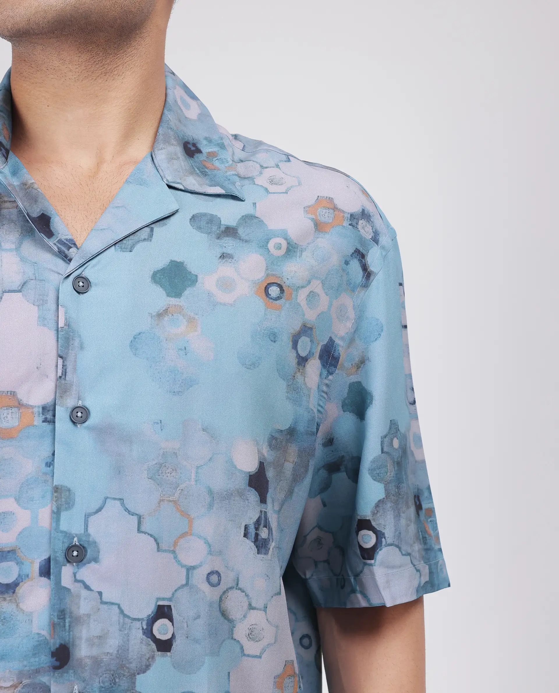 Rare Rabbit Men's Akio Blue Viscose Abstract Print Oversized Fit Half Sleeve Cuban Collar Shirt - Image 3