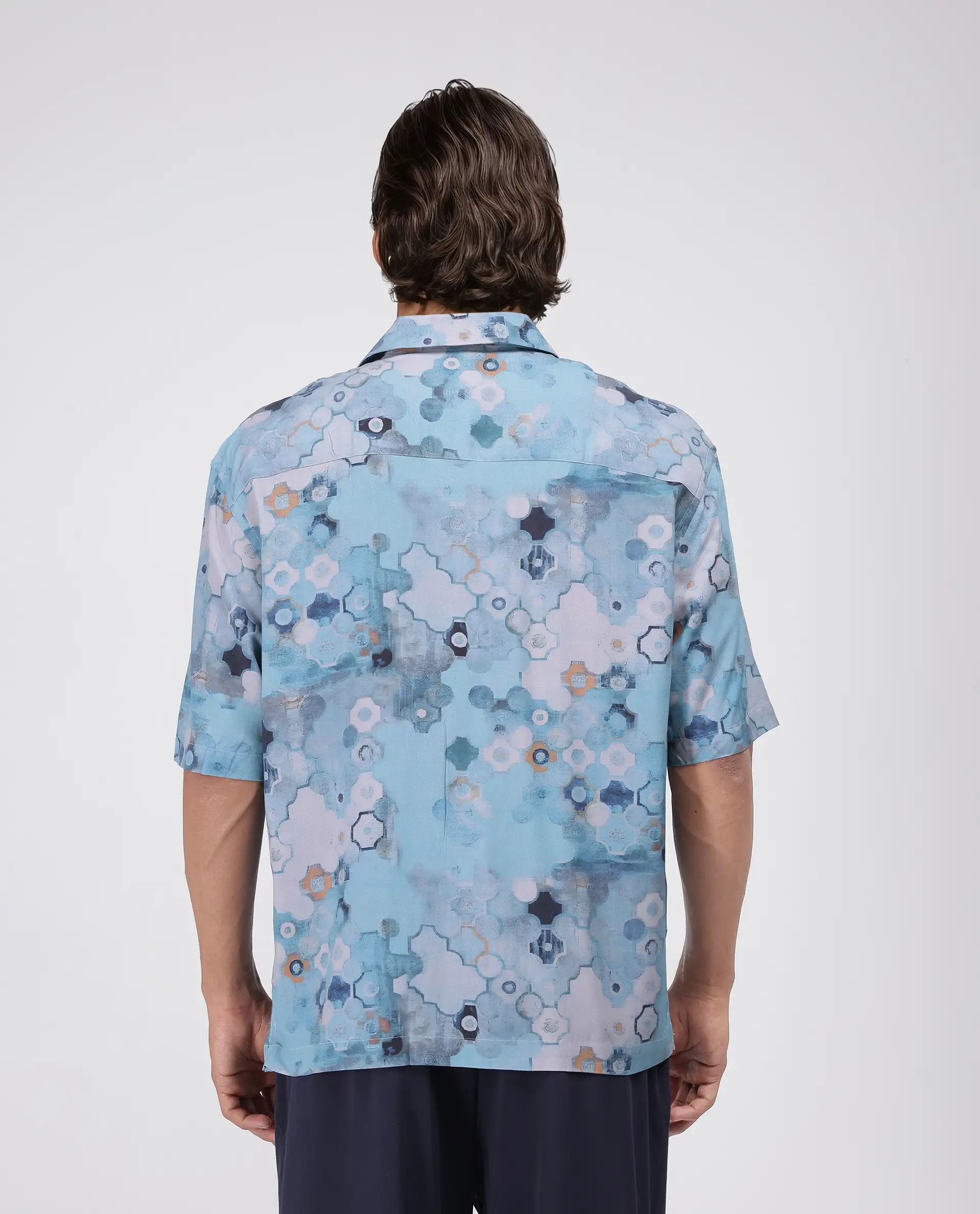 Rare Rabbit Men's Akio Blue Viscose Abstract Print Oversized Fit Half Sleeve Cuban Collar Shirt - Image 4