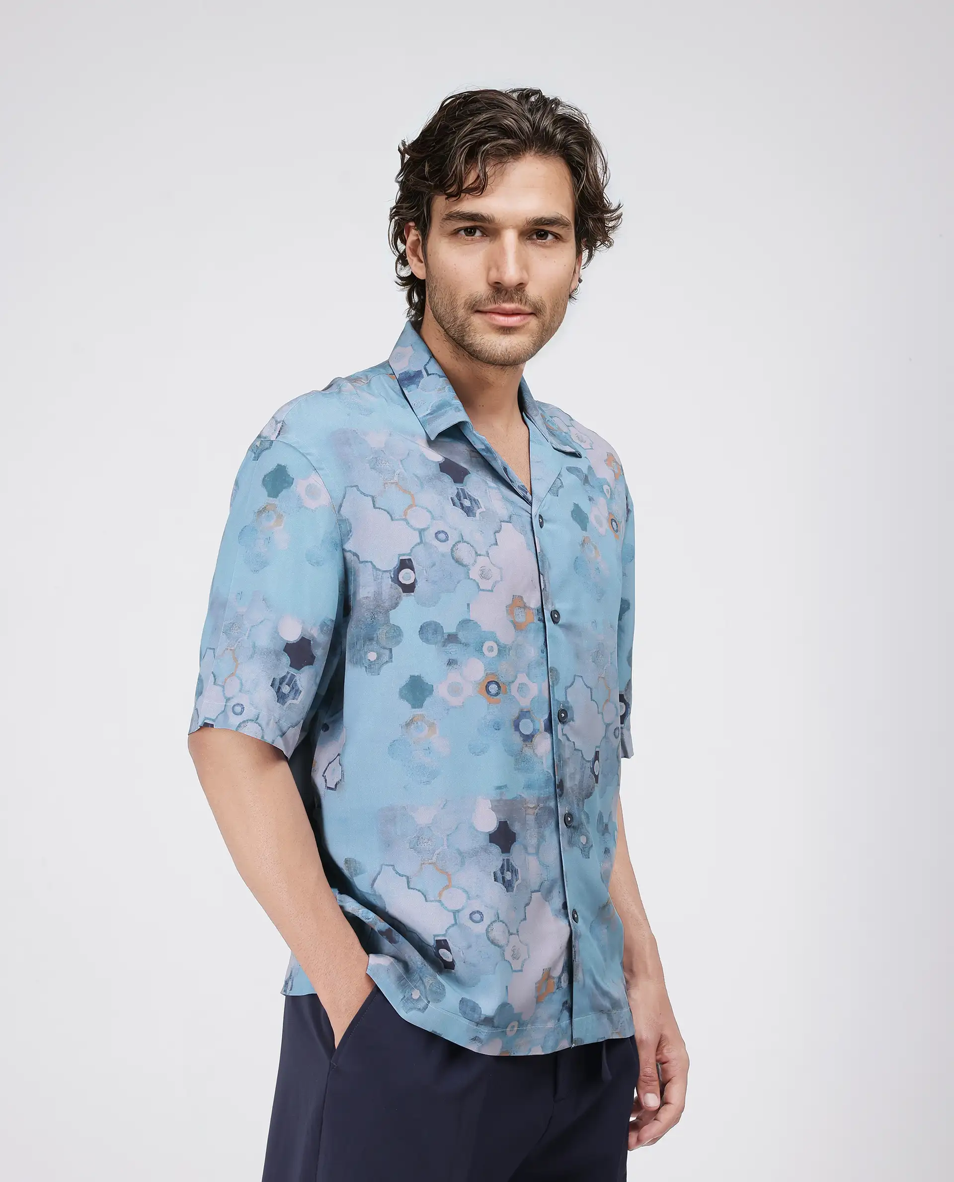 Rare Rabbit Men's Akio Blue Viscose Abstract Print Oversized Fit Half Sleeve Cuban Collar Shirt - Image 5