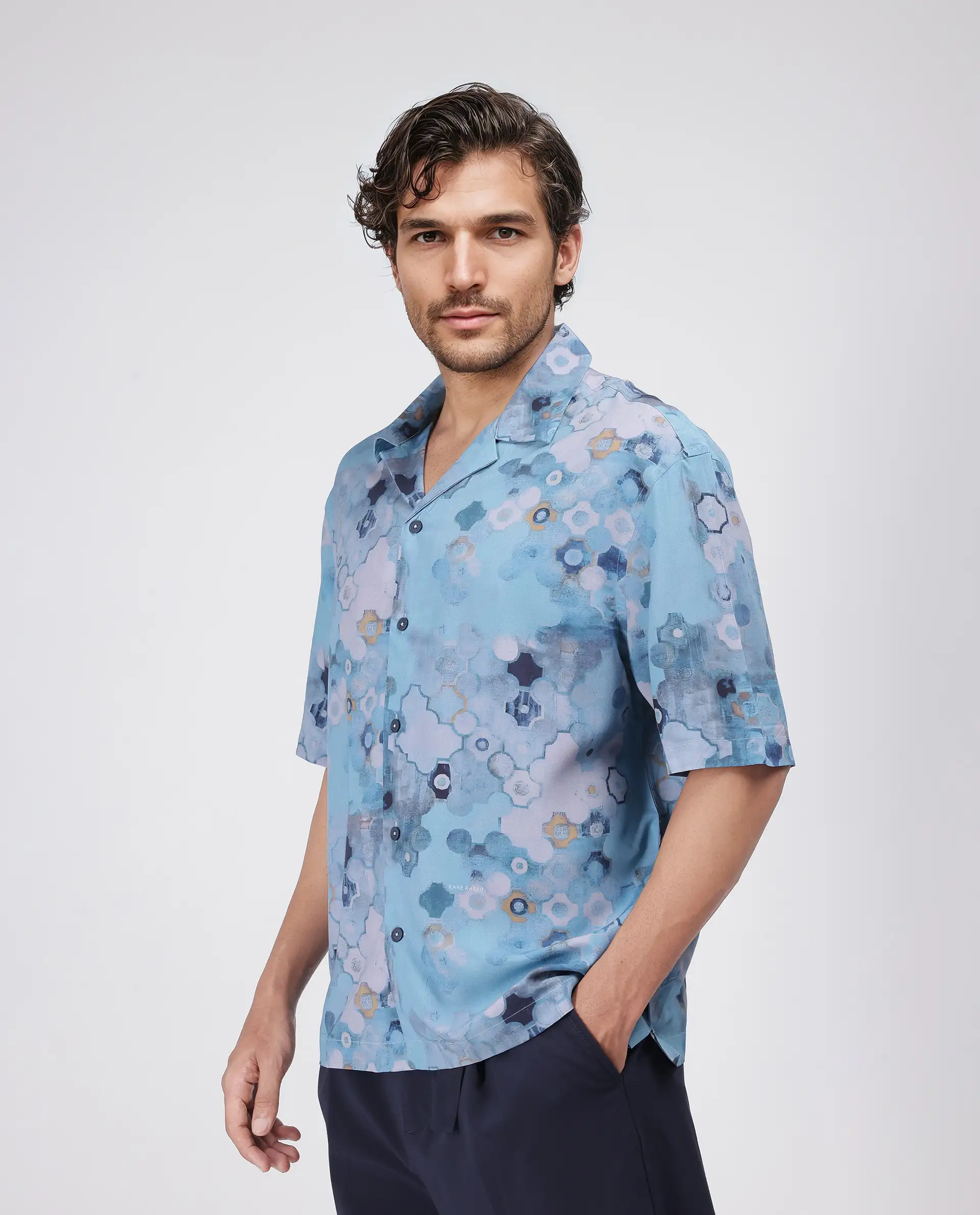 Rare Rabbit Men's Akio Blue Viscose Abstract Print Oversized Fit Half Sleeve Cuban Collar Shirt - Image 6
