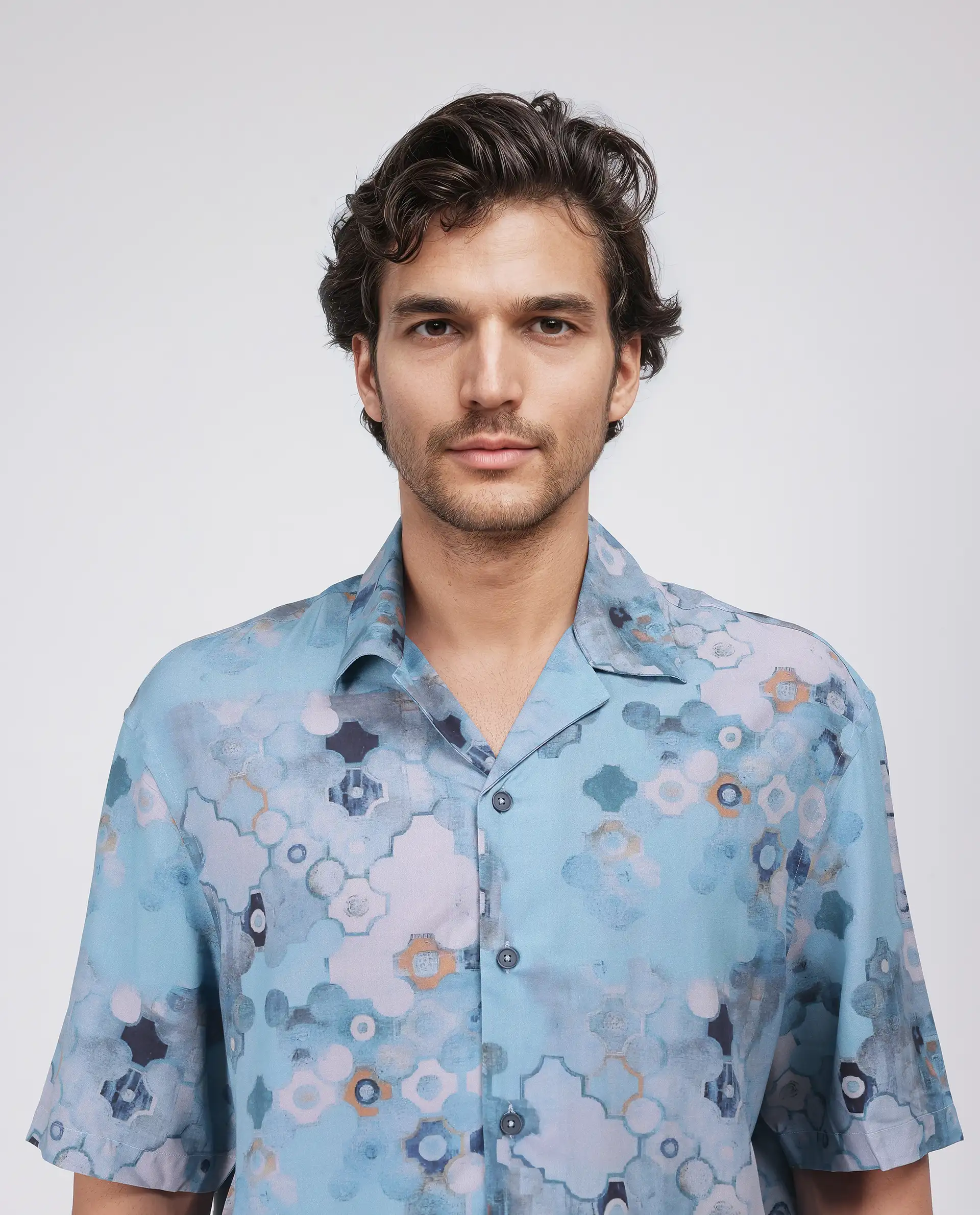 Rare Rabbit Men's Akio Blue Viscose Abstract Print Oversized Fit Half Sleeve Cuban Collar Shirt - Image 7