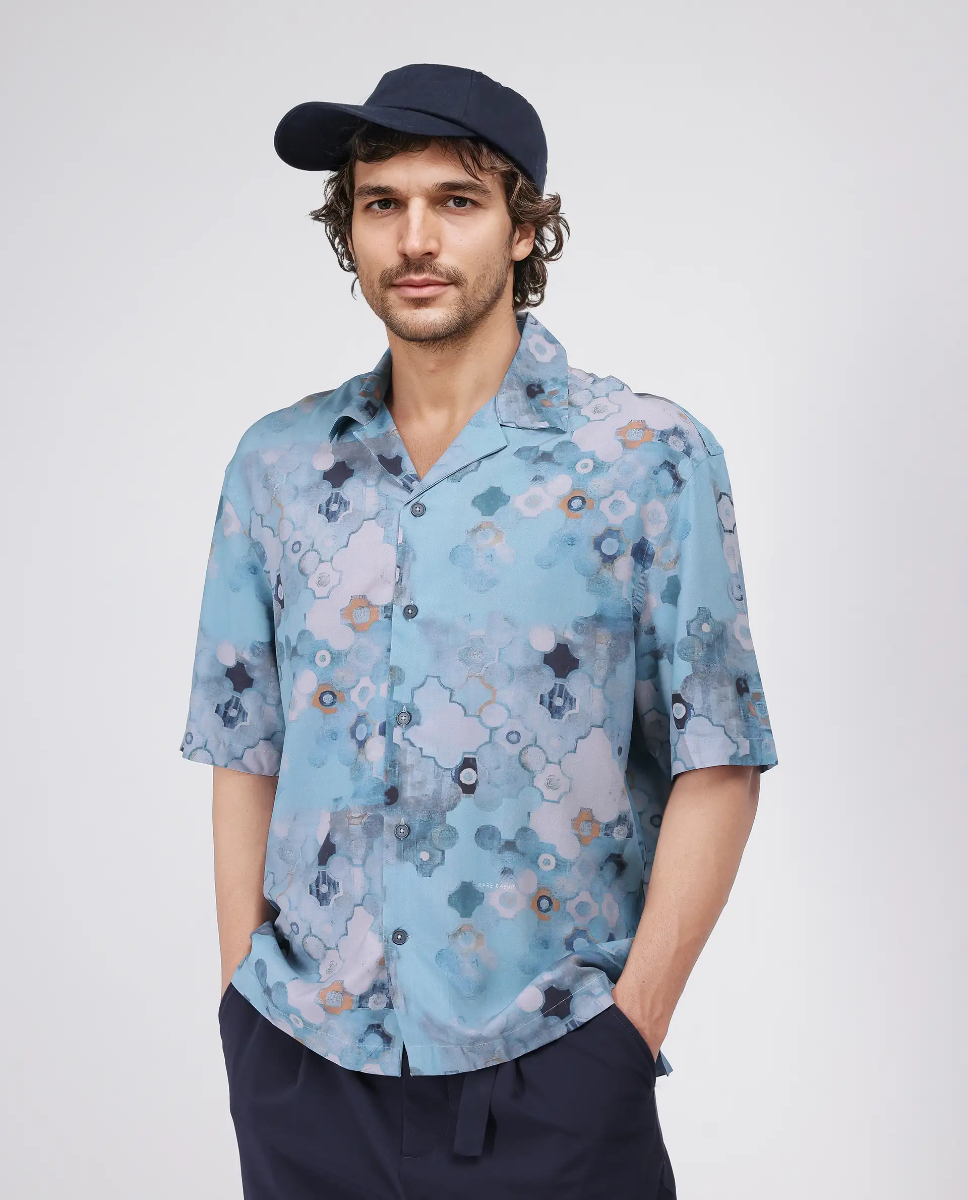 Rare Rabbit Men's Akio Blue Viscose Abstract Print Oversized Fit Half Sleeve Cuban Collar Shirt - Image 8