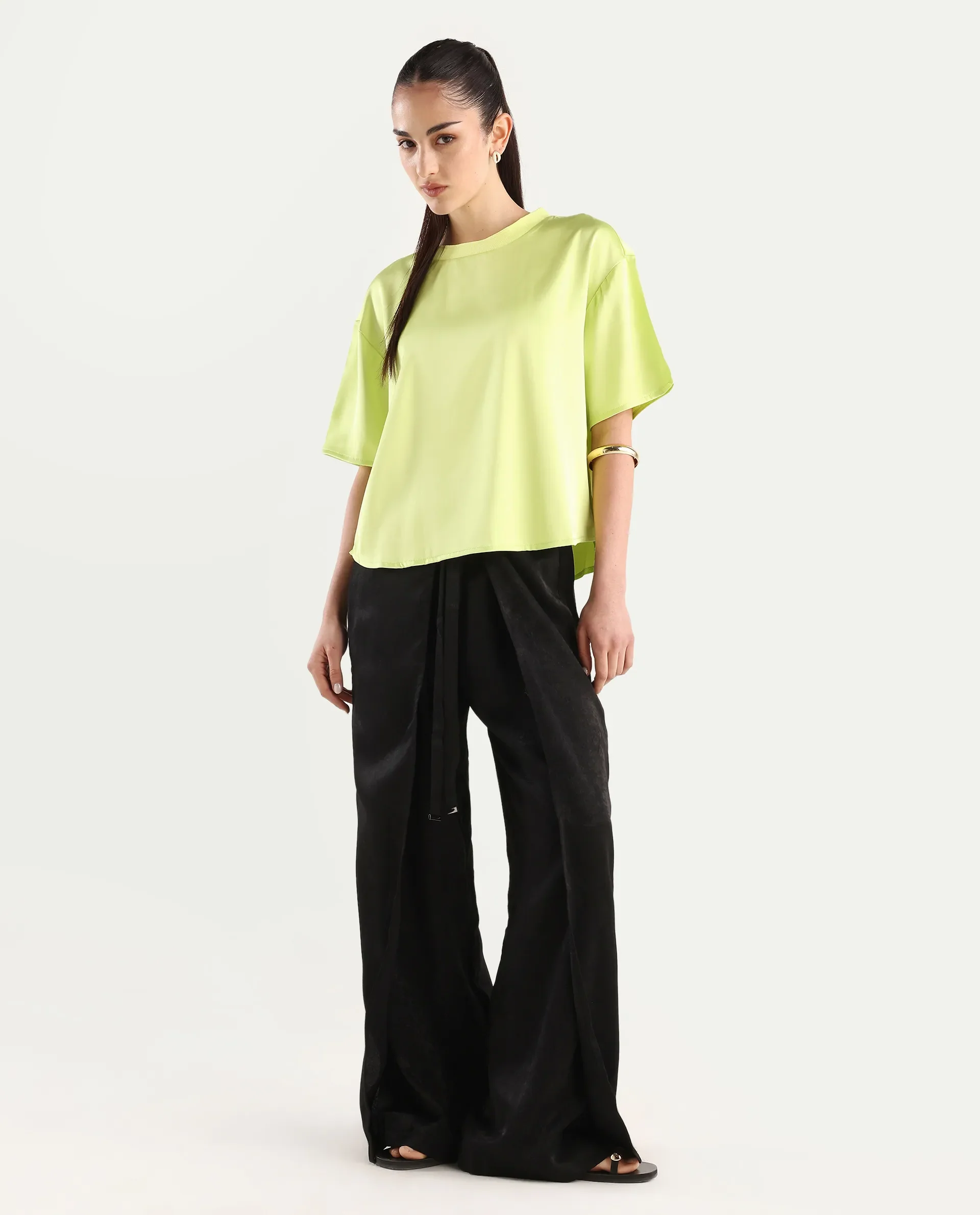 Rareism Women's Akiya Green Polyester Ribbed Collar Plain Boxy Fit Top - Image 2