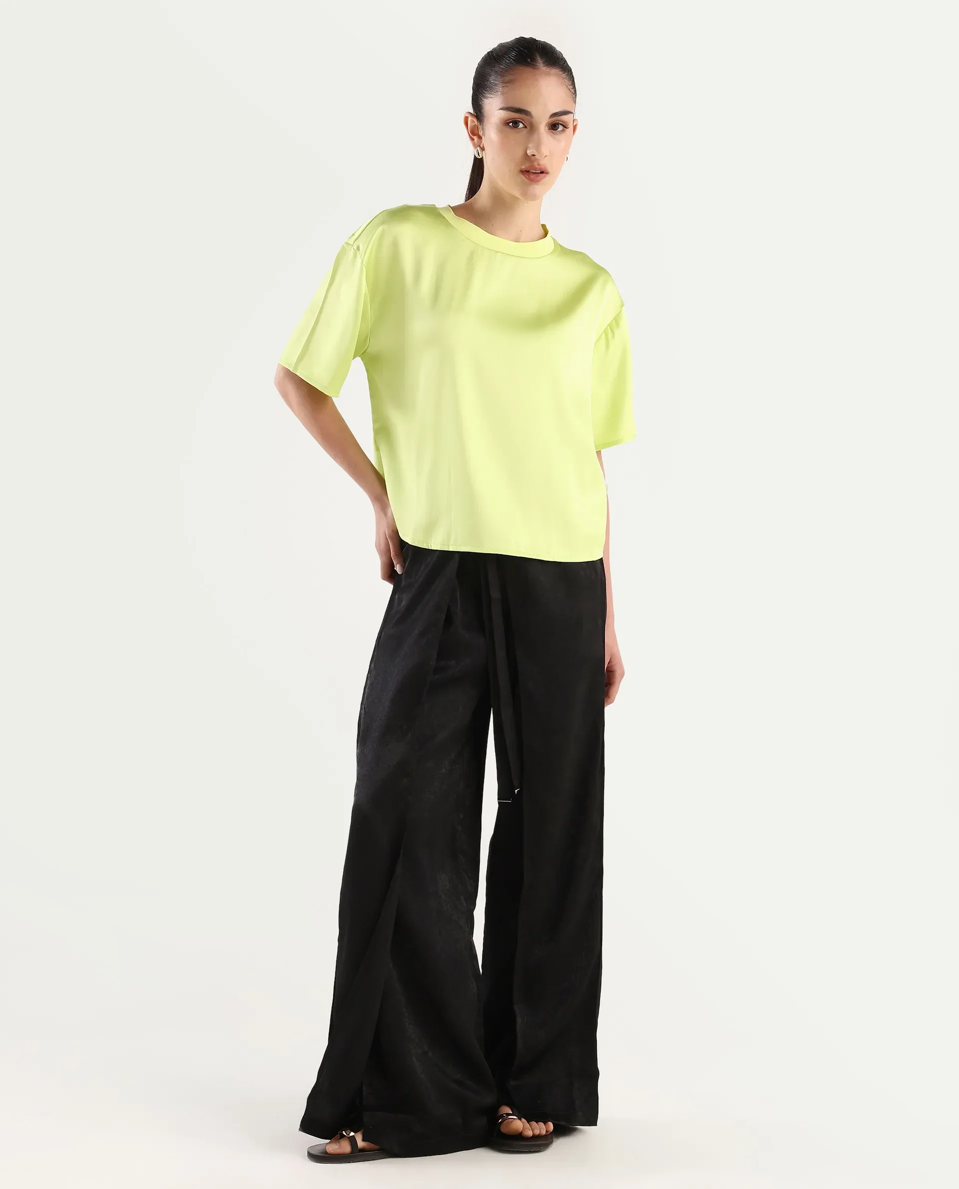 Rareism Women's Akiya Green Polyester Ribbed Collar Plain Boxy Fit Top - Image 3