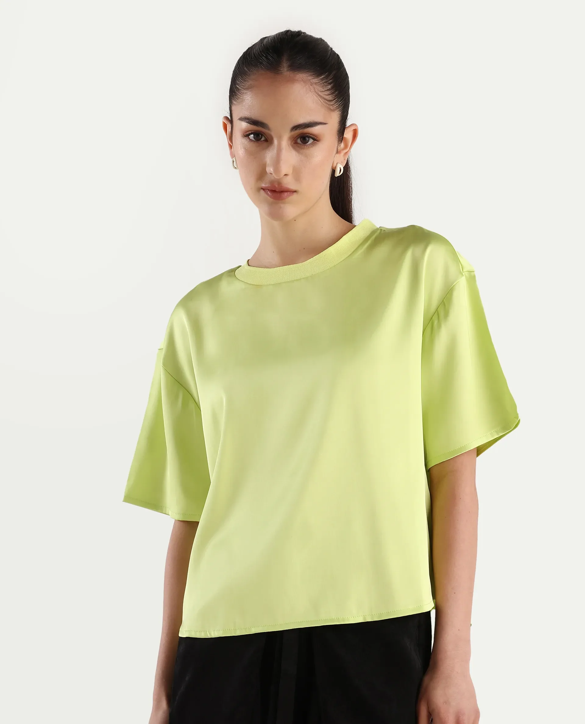 Rareism Women's Akiya Green Polyester Ribbed Collar Plain Boxy Fit Top - Image 4