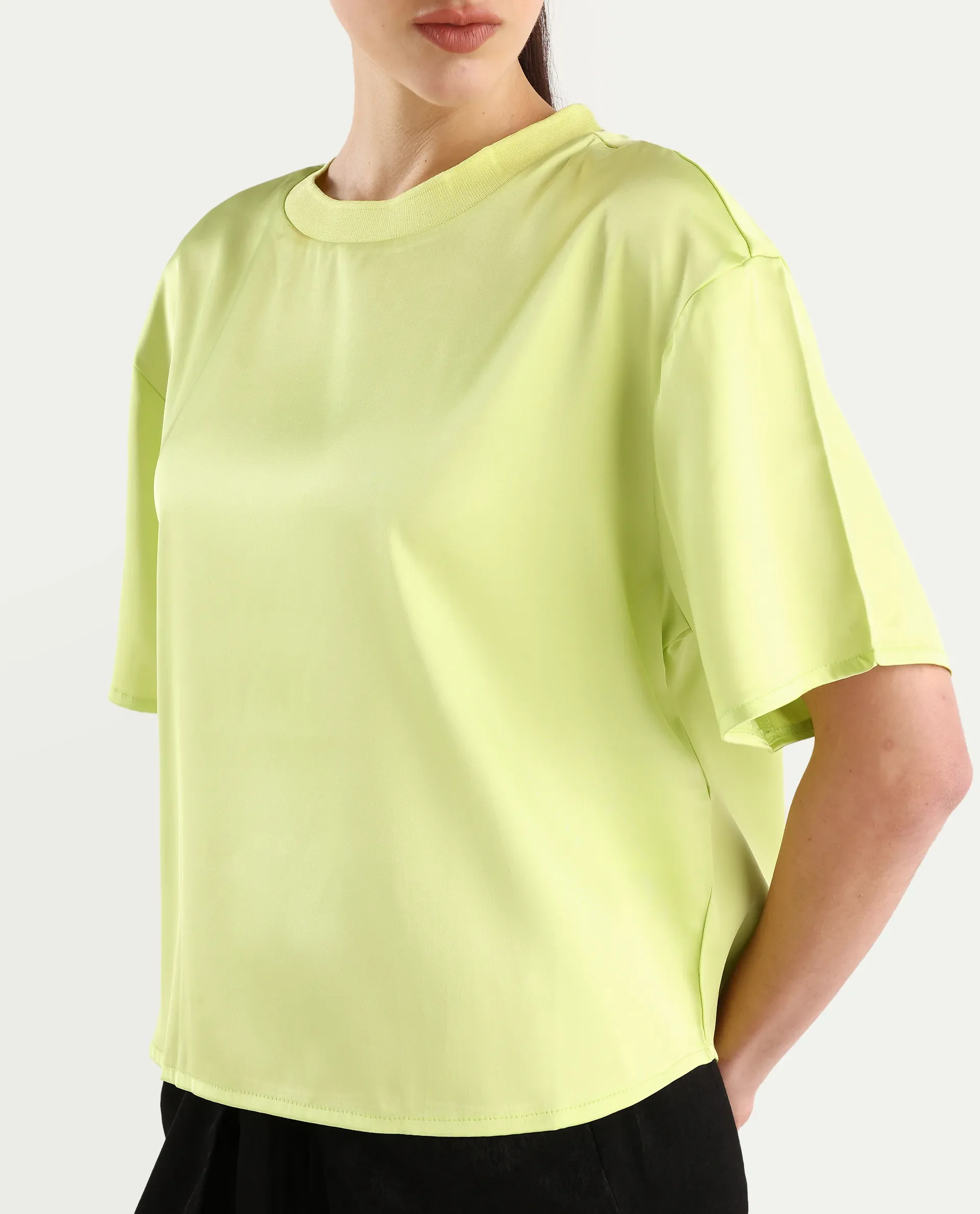 Rareism Women's Akiya Green Polyester Ribbed Collar Plain Boxy Fit Top - Image 5