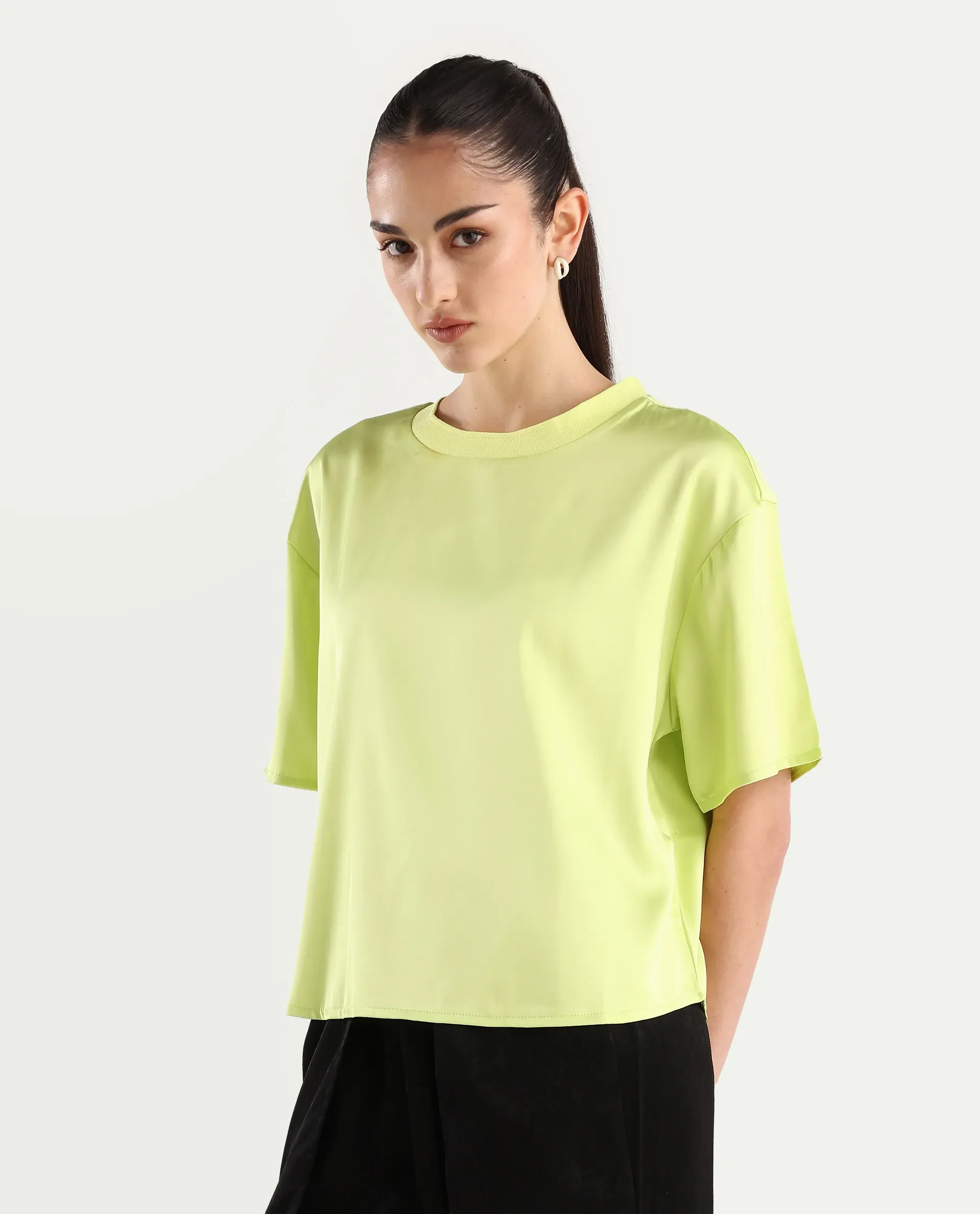 Rareism Women's Akiya Green Polyester Ribbed Collar Plain Boxy Fit Top - Image 6