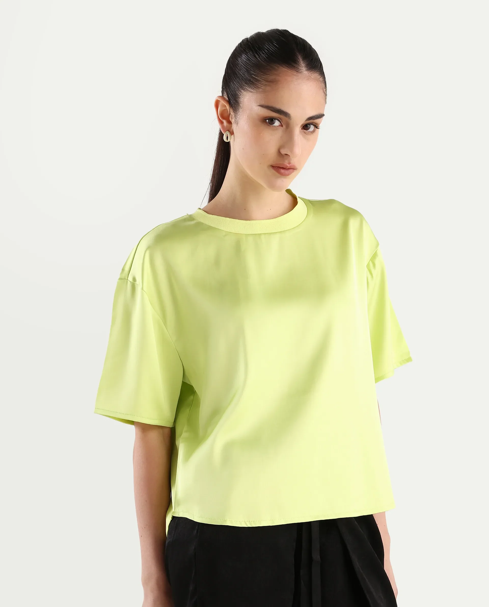Rareism Women's Akiya Green Polyester Ribbed Collar Plain Boxy Fit Top - Image 7
