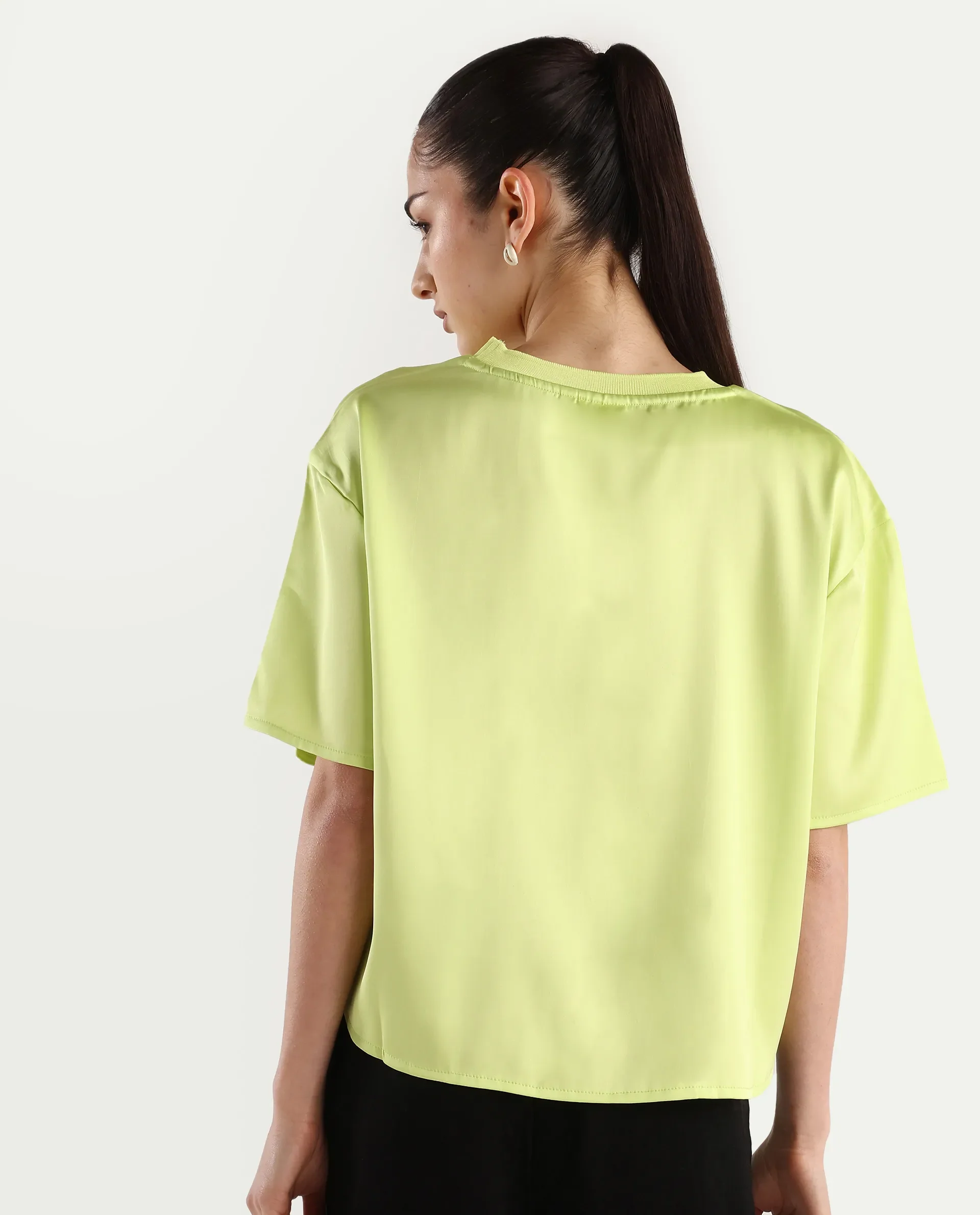 Rareism Women's Akiya Green Polyester Ribbed Collar Plain Boxy Fit Top - Image 8