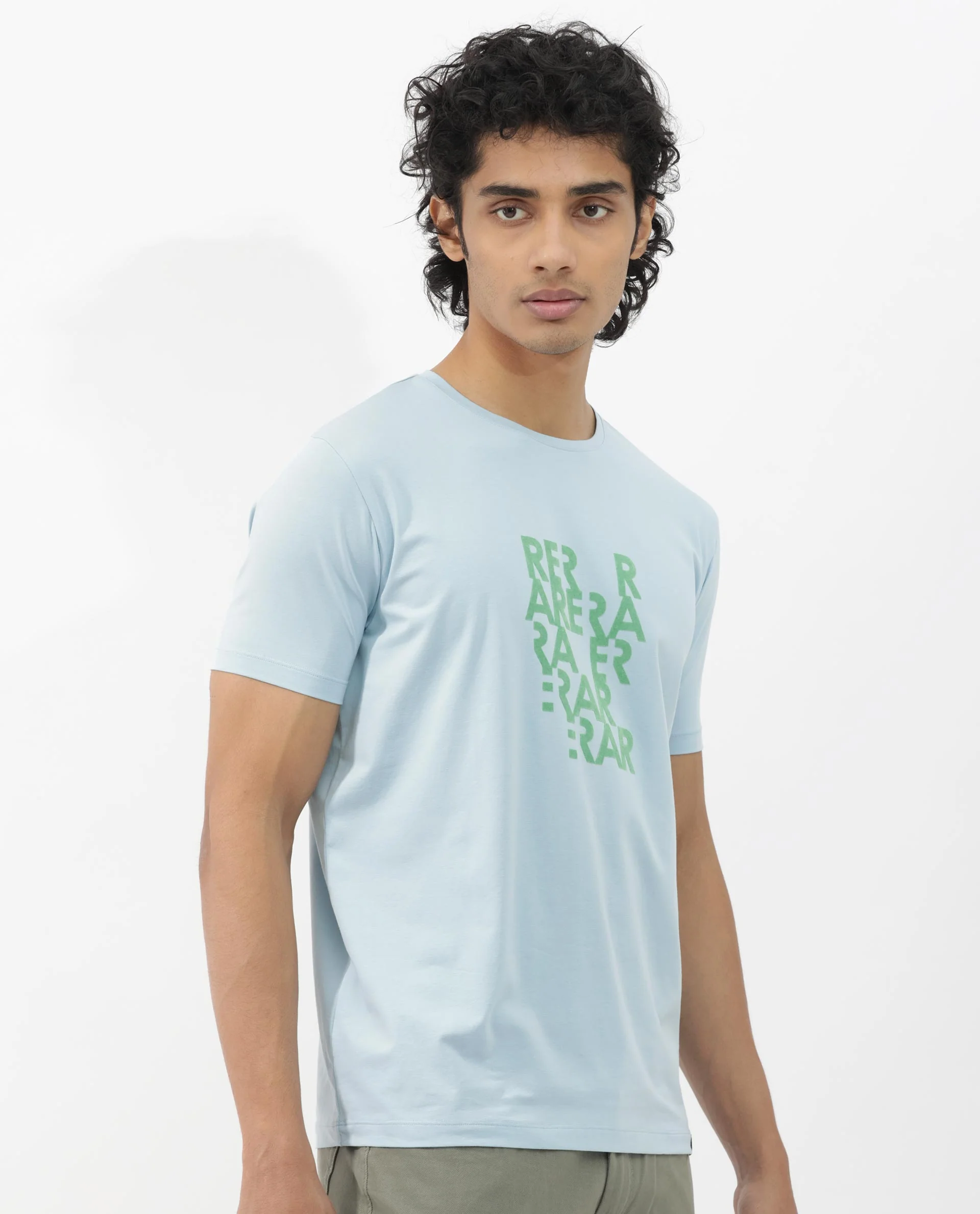 Rare Rabbit Men's Akro Light Blue Cotton Blend Graphic Print Regular Fit Half Sleeve Crew Neck T-Shirt - Image 9