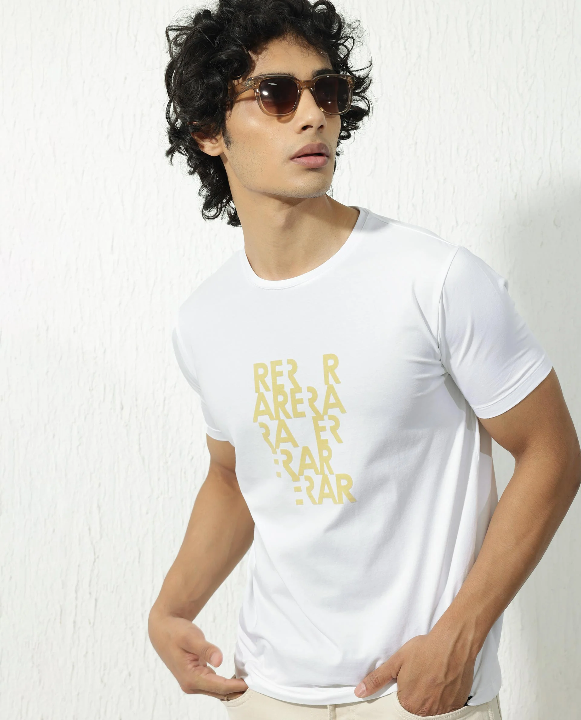 Rare Rabbit Men's Akro White Cotton Blend Graphic Print Regular Fit Half Sleeve Crew Neck T-Shirt - Image 3