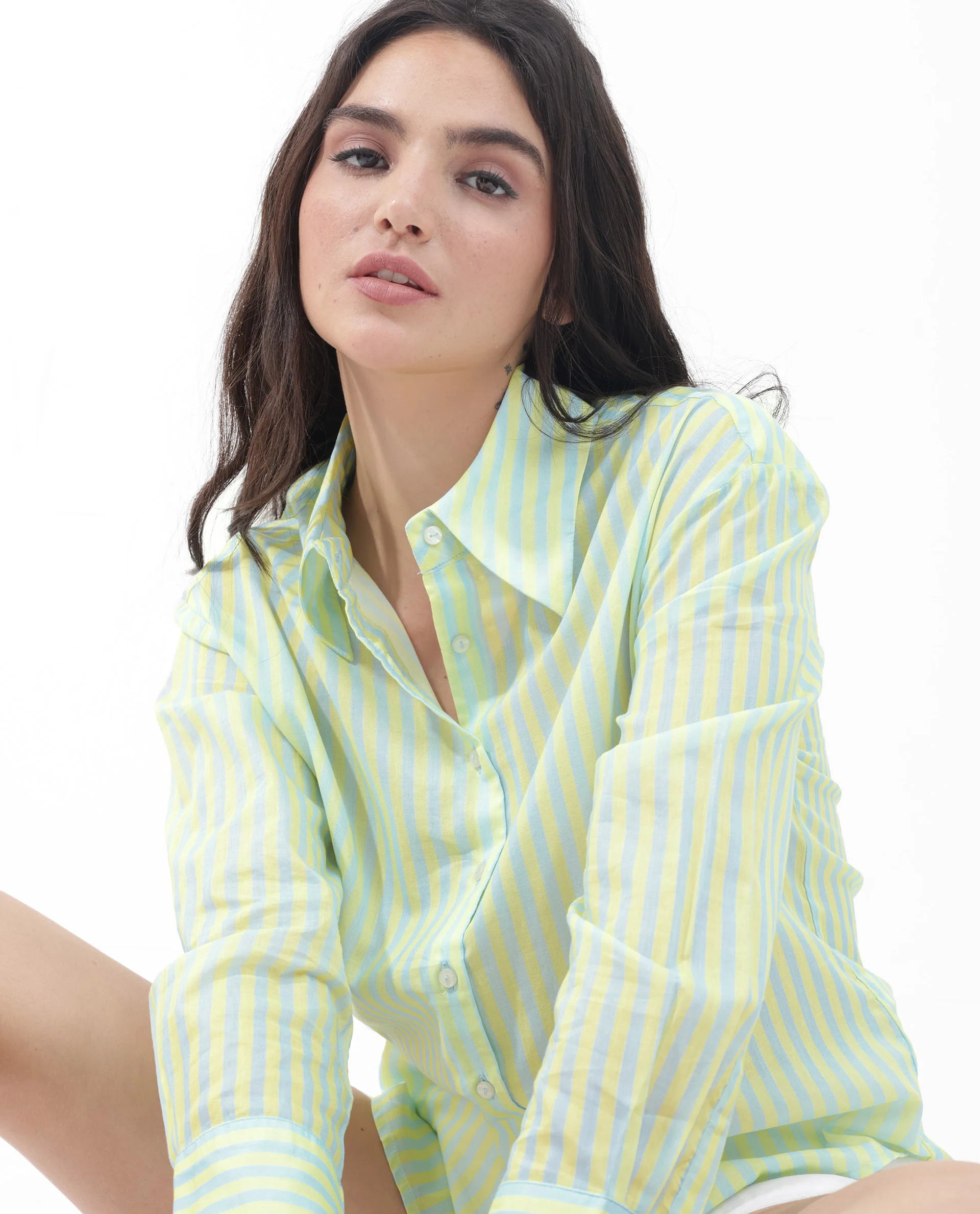 Rareism Women's Aksana Blue Cotton Drop Collar Striped Cuffed Sleeve Regular Fit Shirt - Image 2