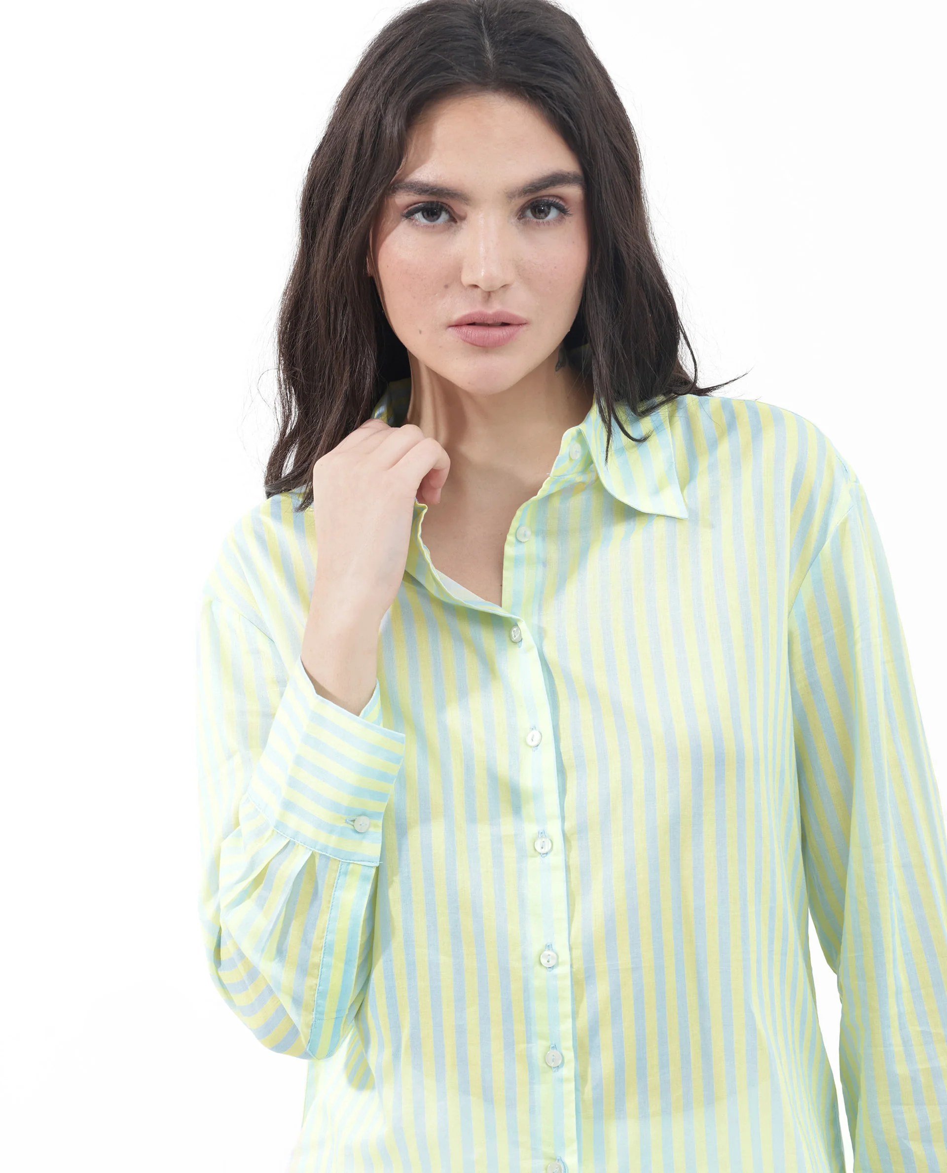 Rareism Women's Aksana Blue Cotton Drop Collar Striped Cuffed Sleeve Regular Fit Shirt - Image 3