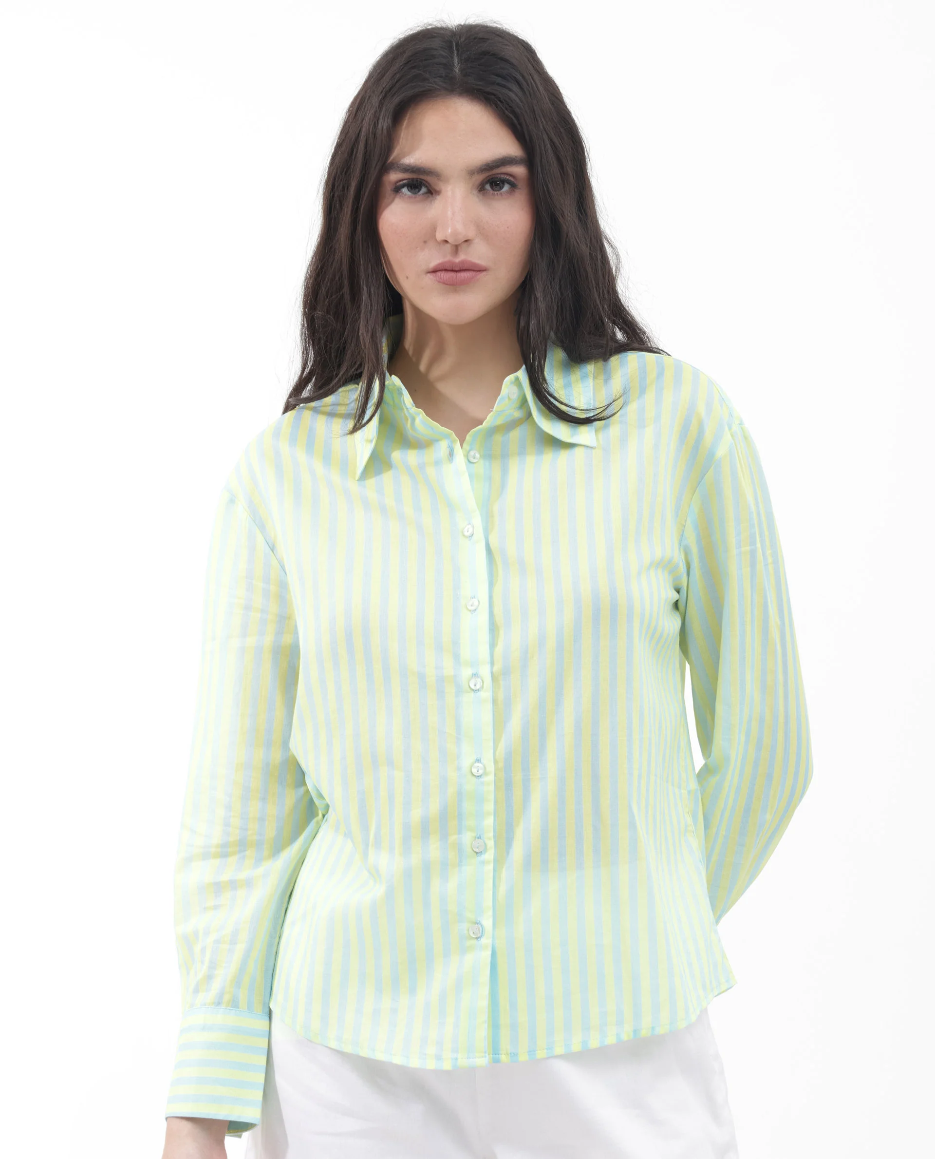 Rareism Women's Aksana Blue Cotton Drop Collar Striped Cuffed Sleeve Regular Fit Shirt - Image 4