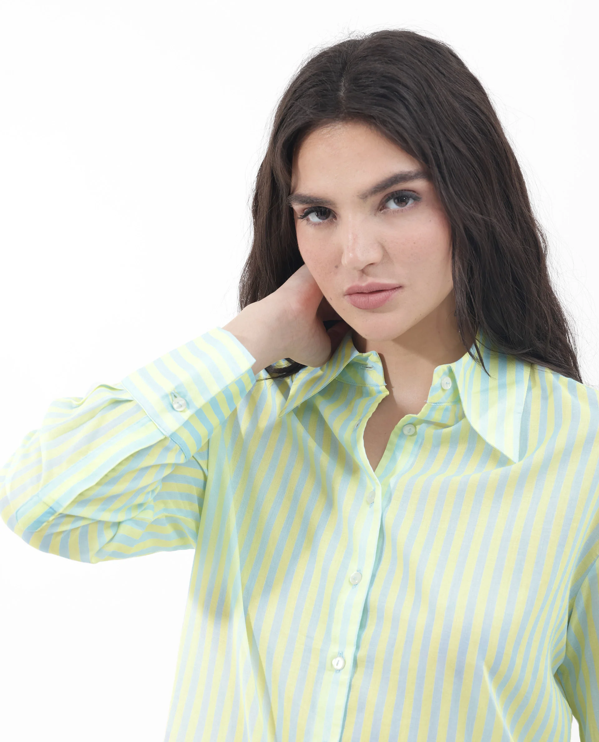 Rareism Women's Aksana Blue Cotton Drop Collar Striped Cuffed Sleeve Regular Fit Shirt - Image 5