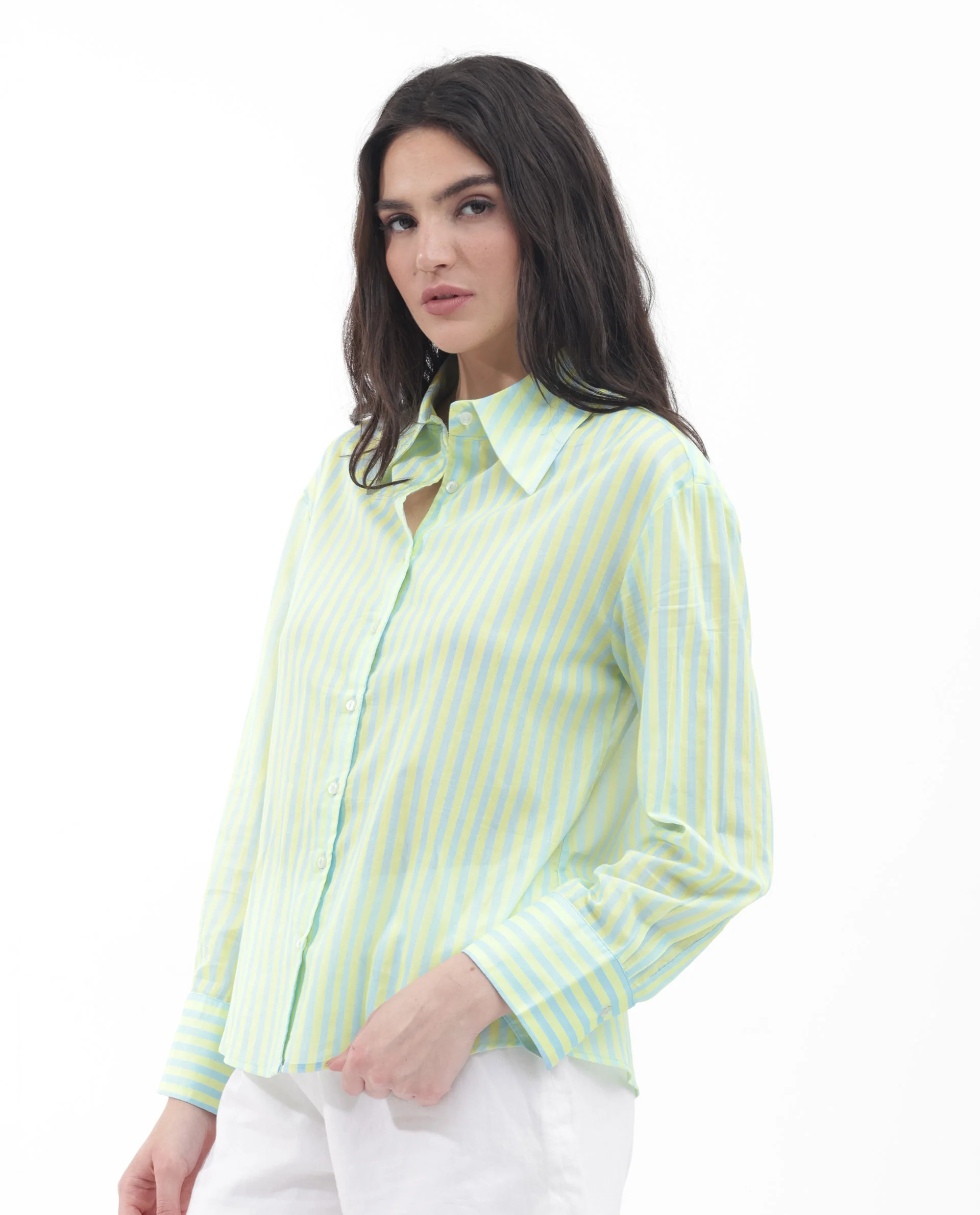 Rareism Women's Aksana Blue Cotton Drop Collar Striped Cuffed Sleeve Regular Fit Shirt - Image 6