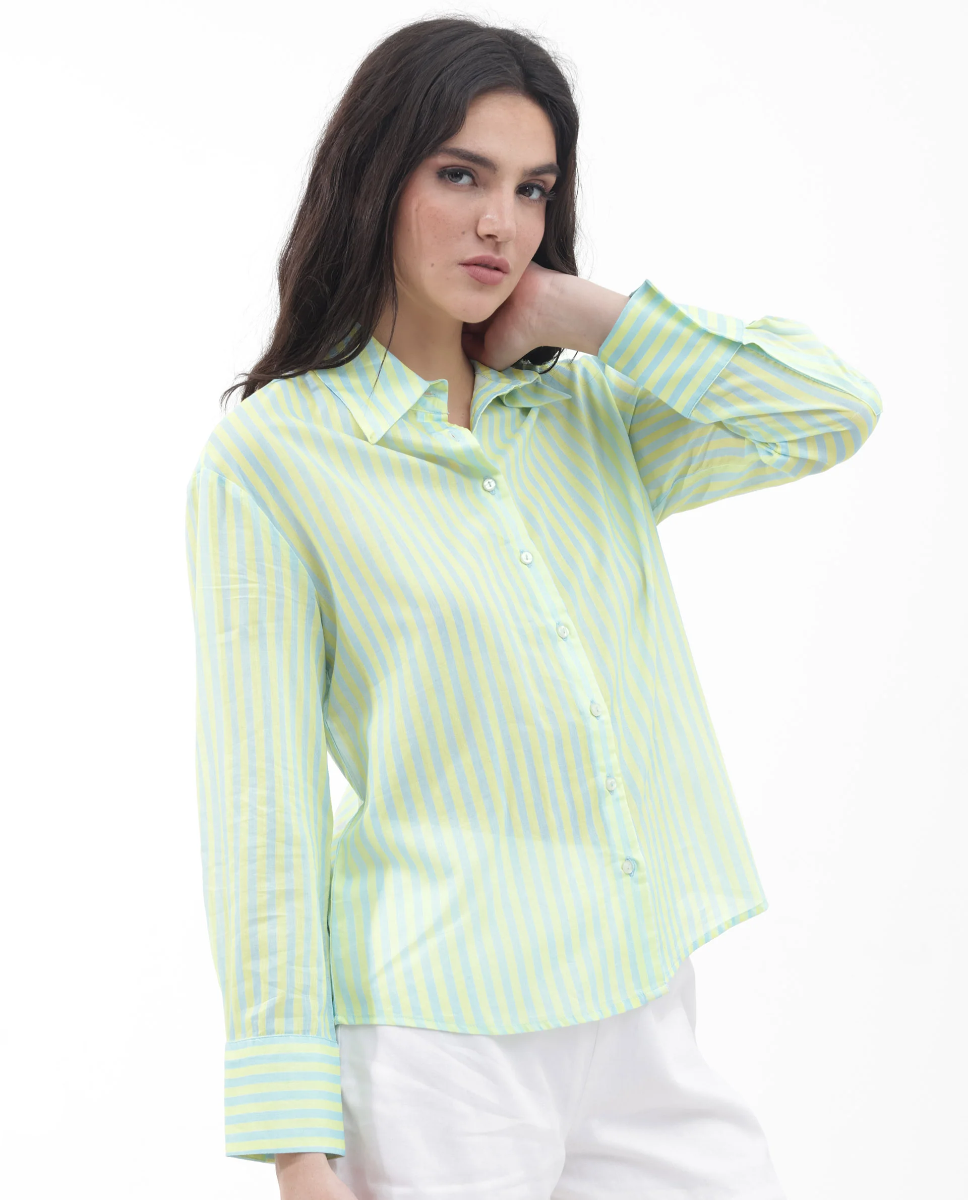 Rareism Women's Aksana Blue Cotton Drop Collar Striped Cuffed Sleeve Regular Fit Shirt - Image 7