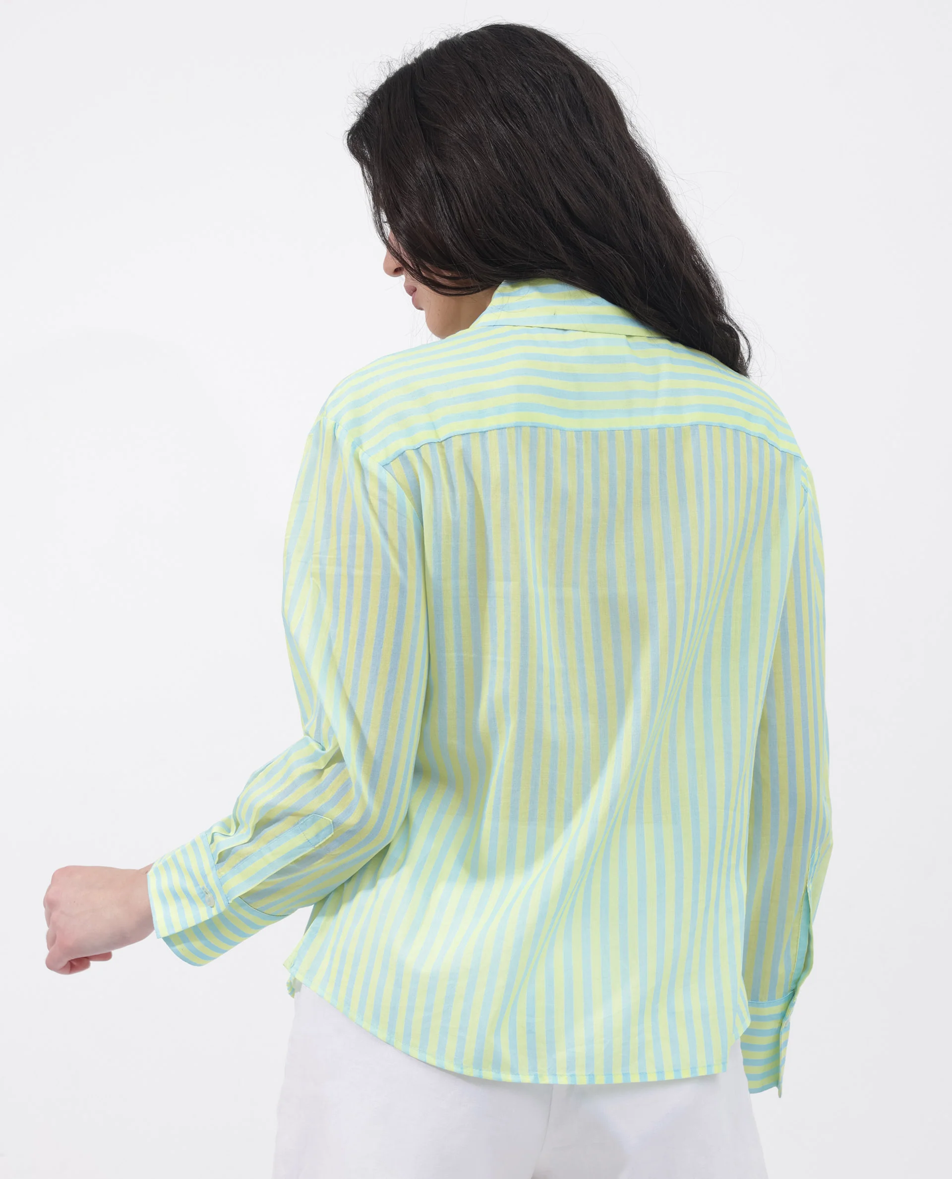 Rareism Women's Aksana Blue Cotton Drop Collar Striped Cuffed Sleeve Regular Fit Shirt - Image 8