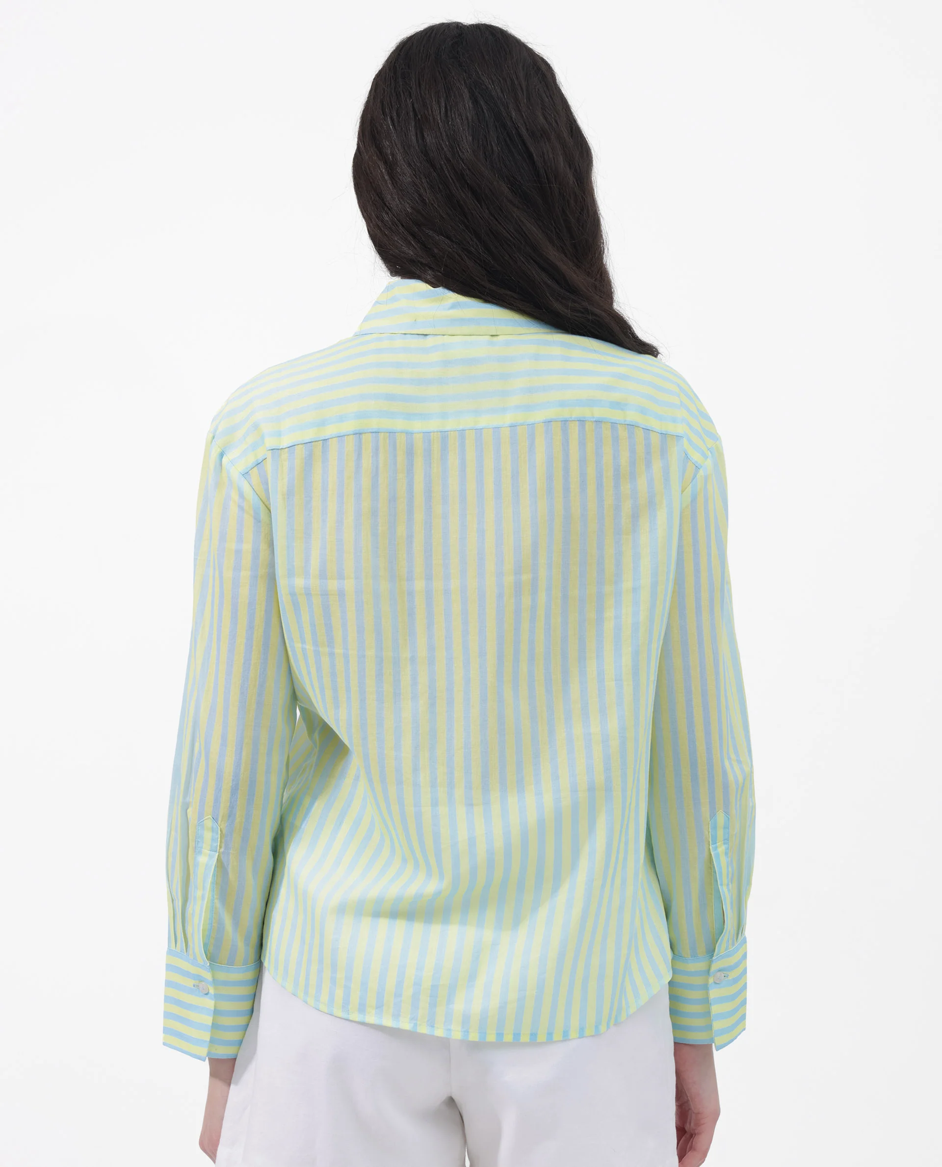 Rareism Women's Aksana Blue Cotton Drop Collar Striped Cuffed Sleeve Regular Fit Shirt - Image 9