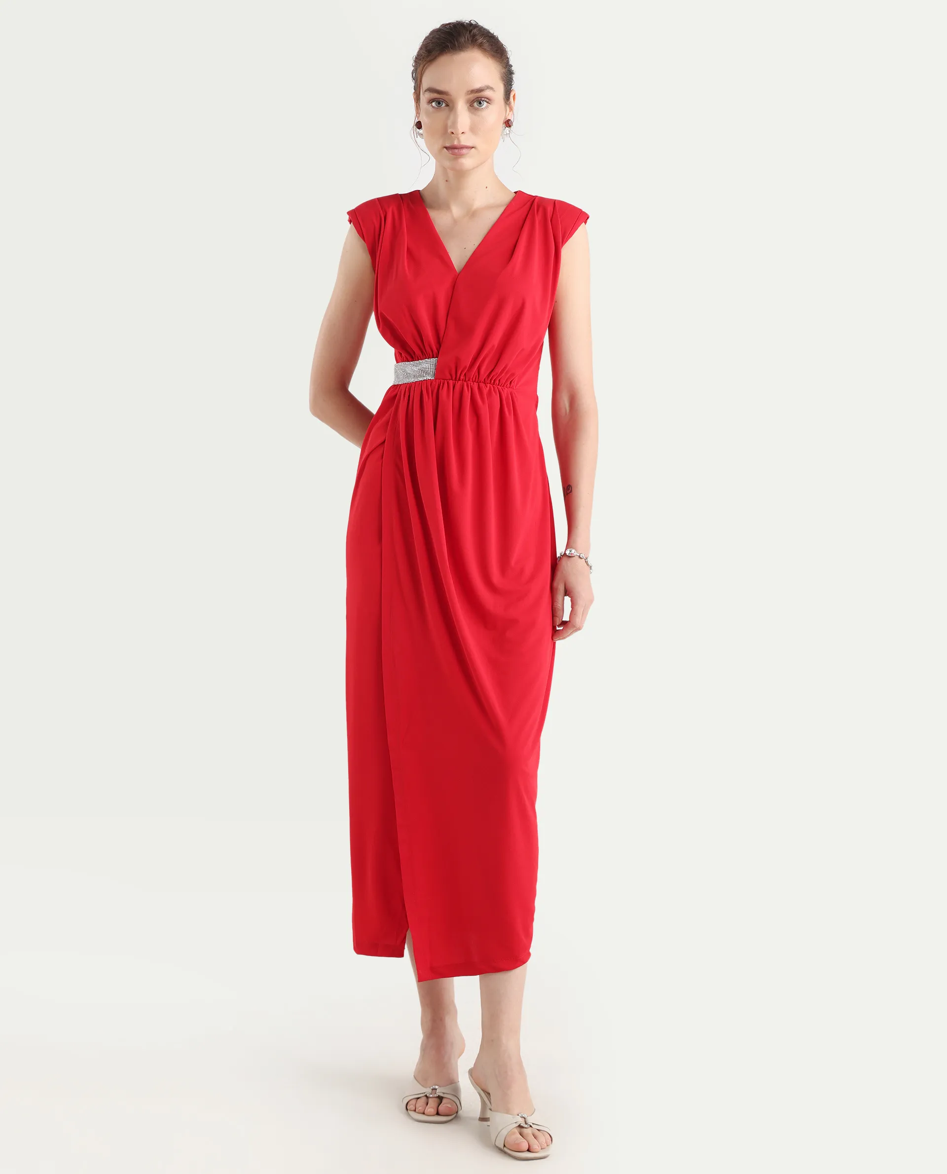 Rareism Women's Aksaray Maroon Polyester Wrap Neck Plain Sleeveless Maxi Fitted Dress - Image 2