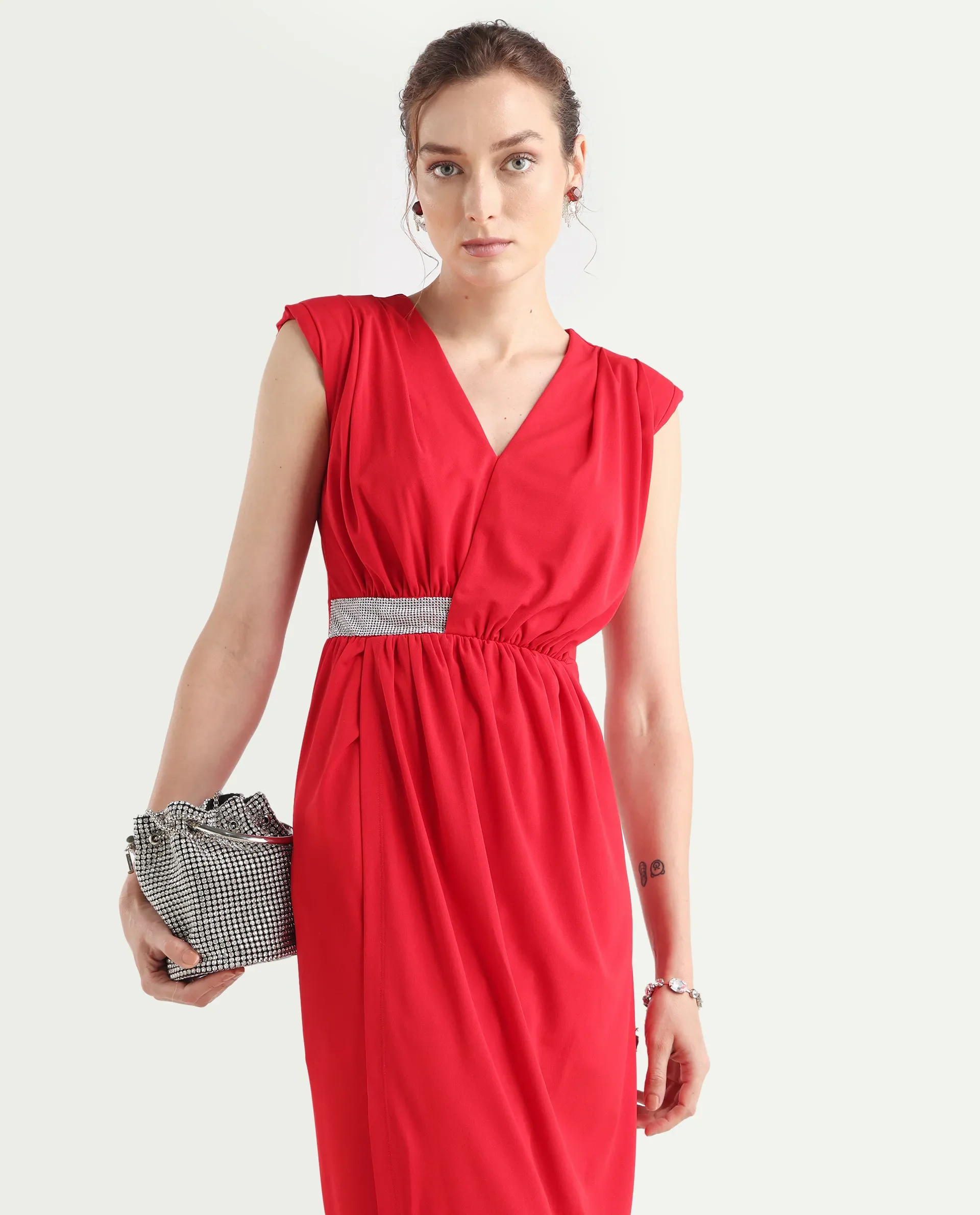 Rareism Women's Aksaray Maroon Polyester Wrap Neck Plain Sleeveless Maxi Fitted Dress - Image 3
