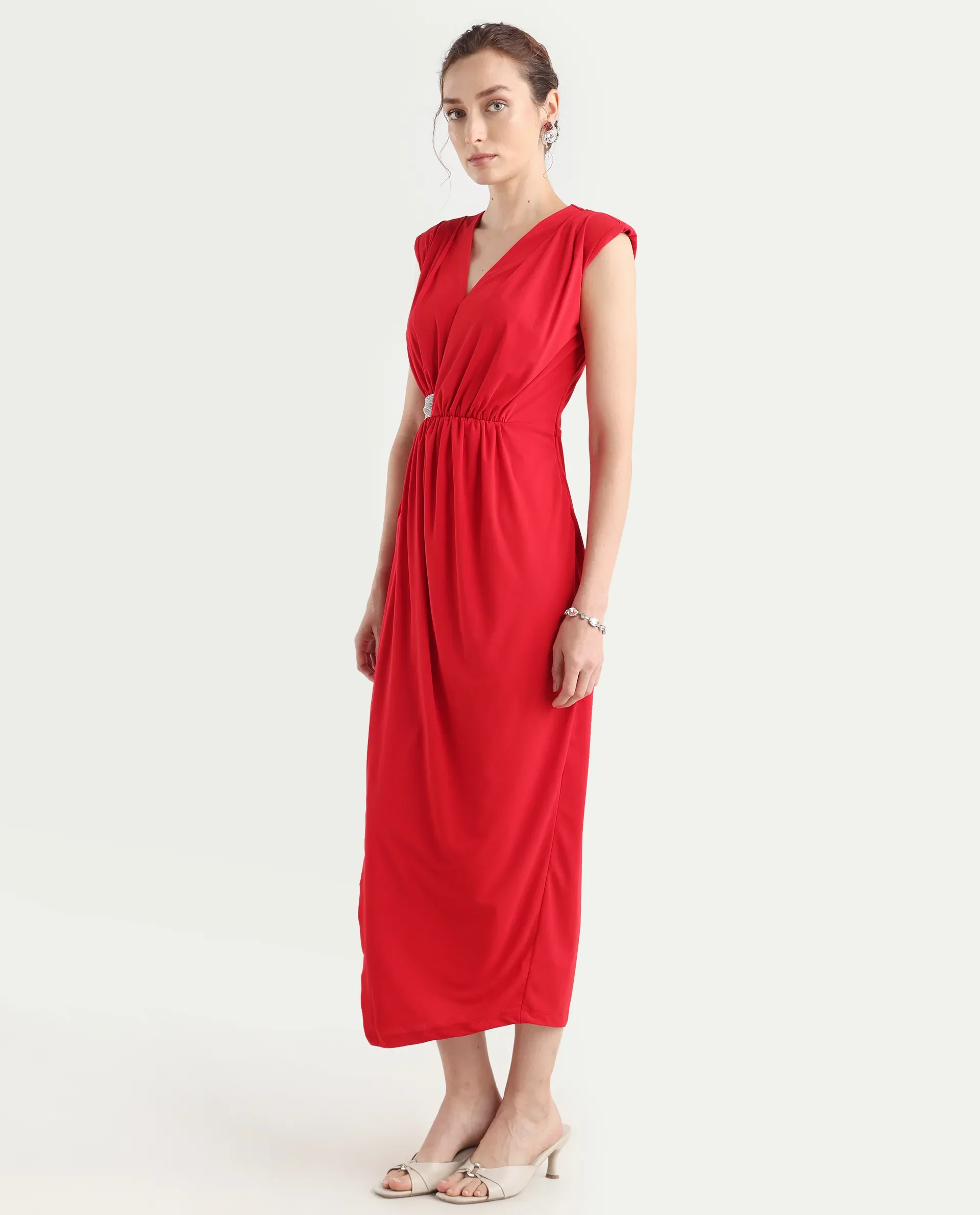 Rareism Women's Aksaray Maroon Polyester Wrap Neck Plain Sleeveless Maxi Fitted Dress - Image 4