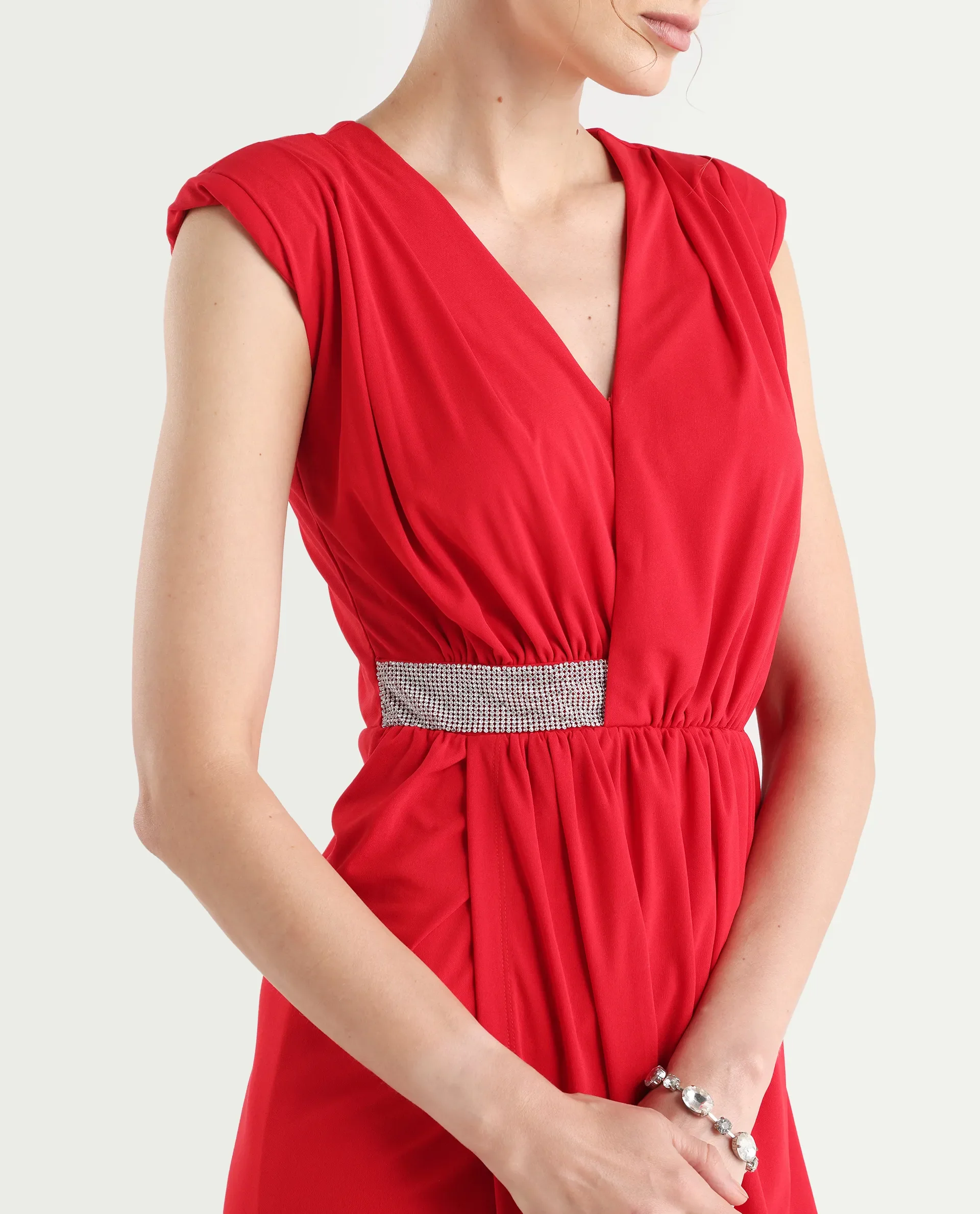 Rareism Women's Aksaray Maroon Polyester Wrap Neck Plain Sleeveless Maxi Fitted Dress - Image 5