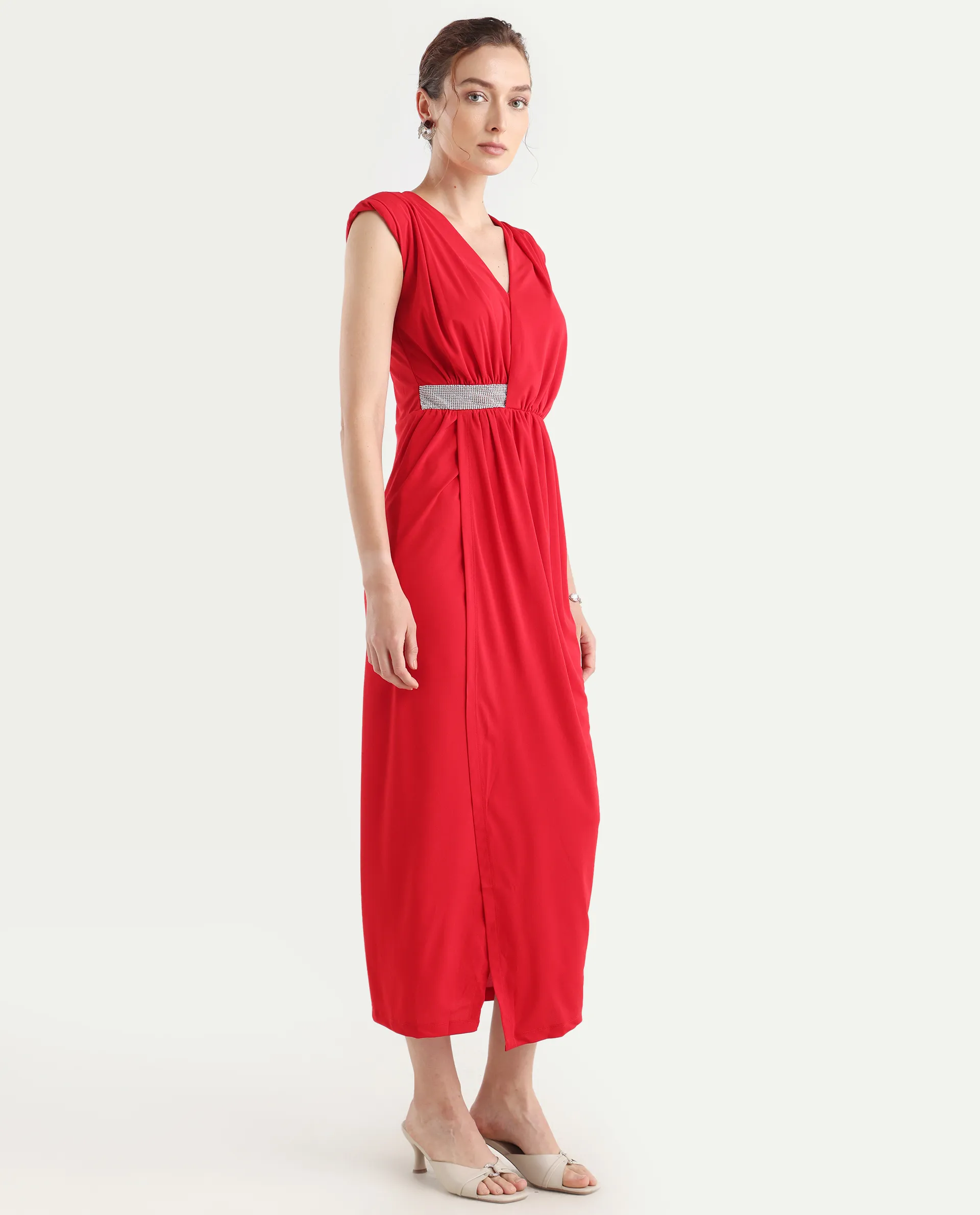 Rareism Women's Aksaray Maroon Polyester Wrap Neck Plain Sleeveless Maxi Fitted Dress - Image 6