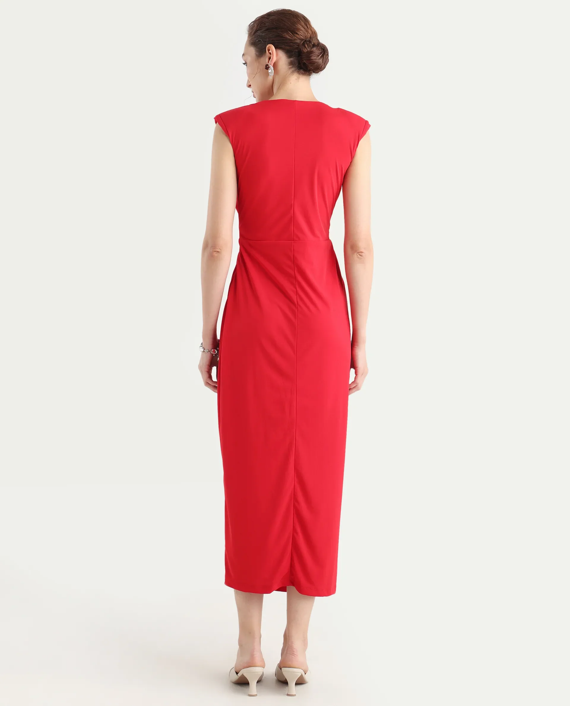 Rareism Women's Aksaray Maroon Polyester Wrap Neck Plain Sleeveless Maxi Fitted Dress - Image 7
