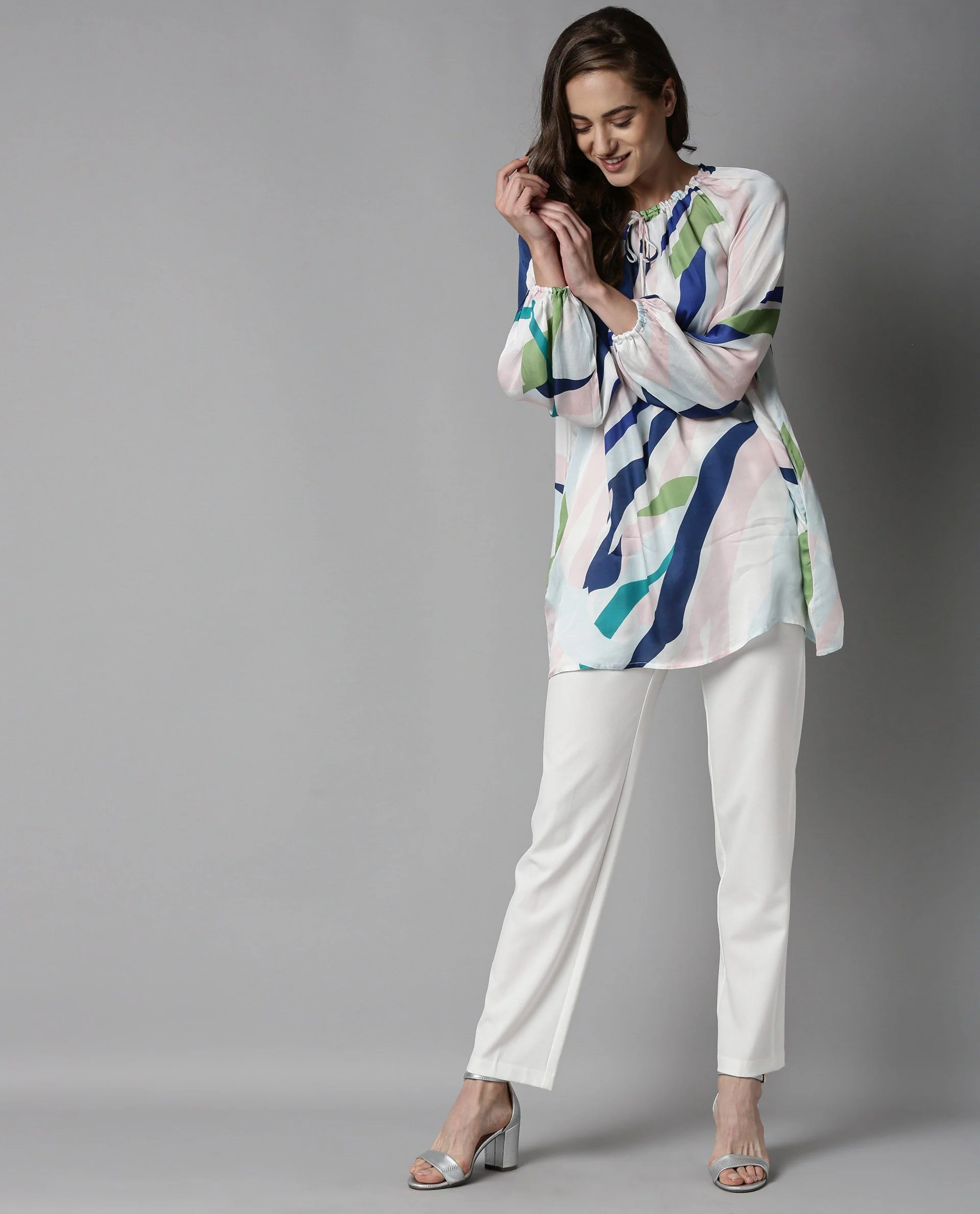 Rareism Women Alage White Dress Full Sleeves Printed