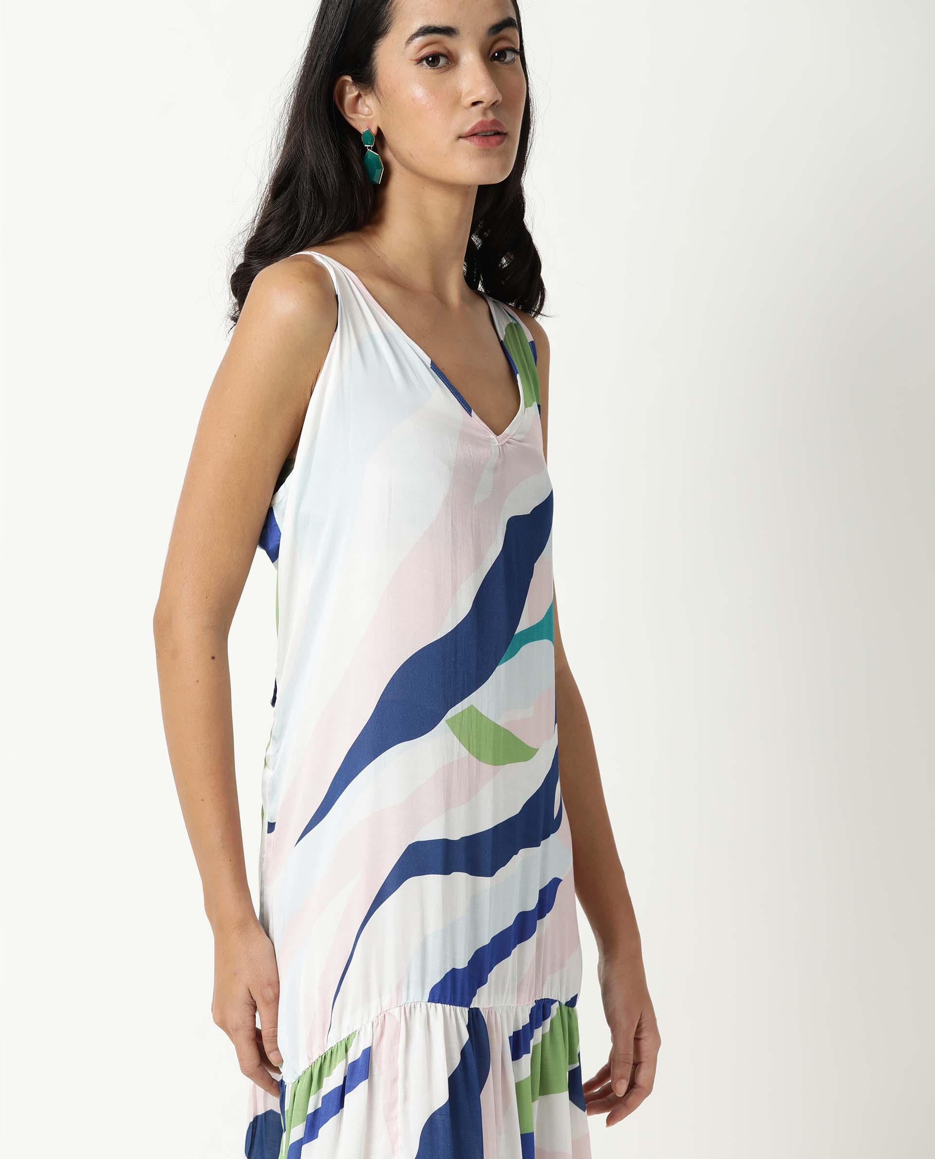 Rareism Womens Alan Off White Knee Length Dress Printed Modal Fabric Sleeveless - Image 4